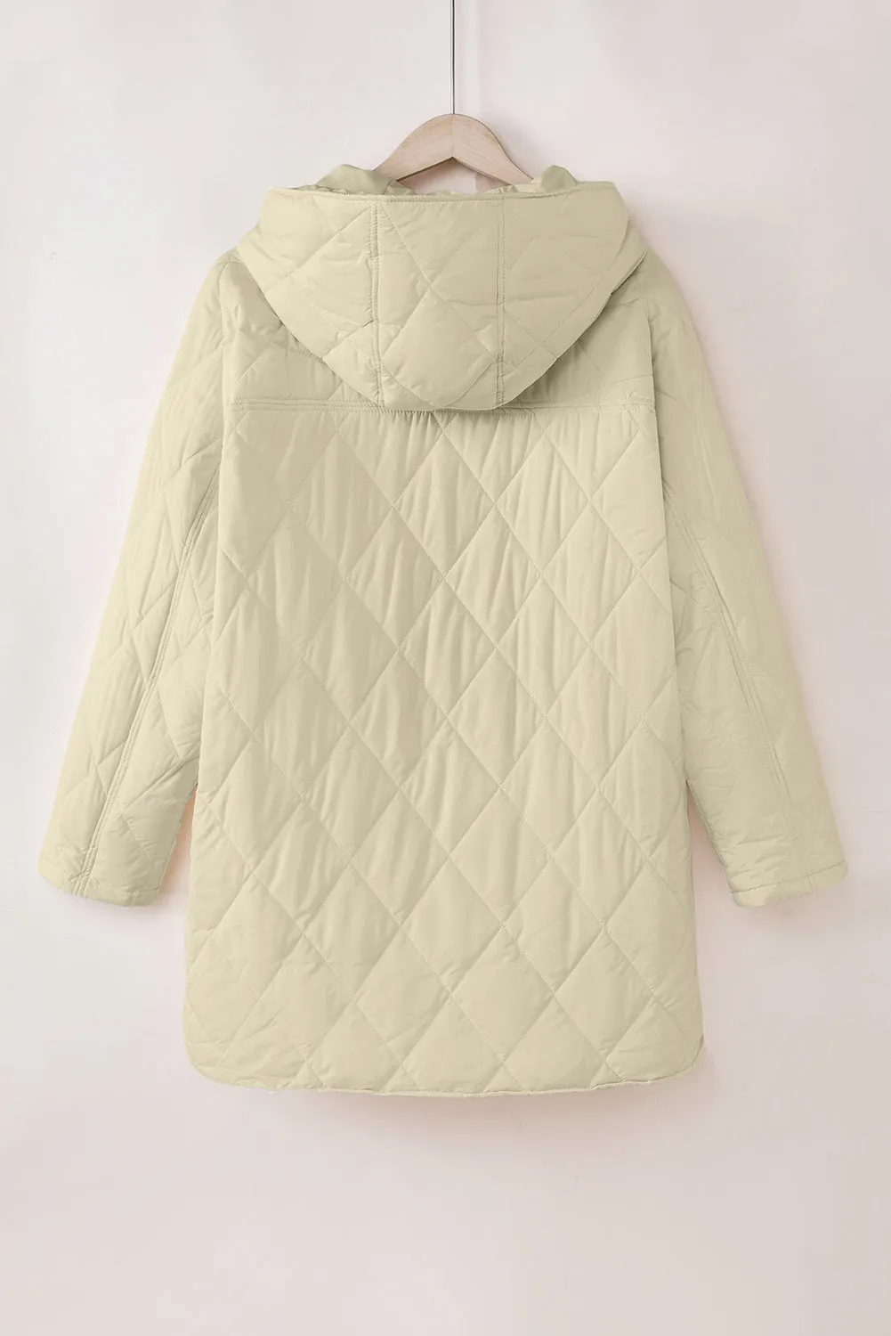 Beige Quilted Snap Button Hooded Puffer Coat