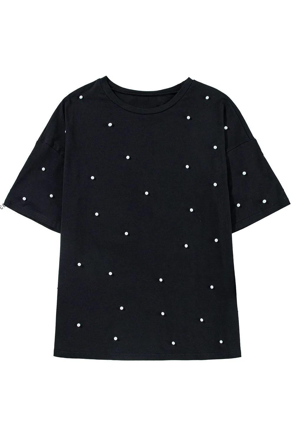 Black Pearl Beaded  Drop Shoulder Crewneck T Shirt