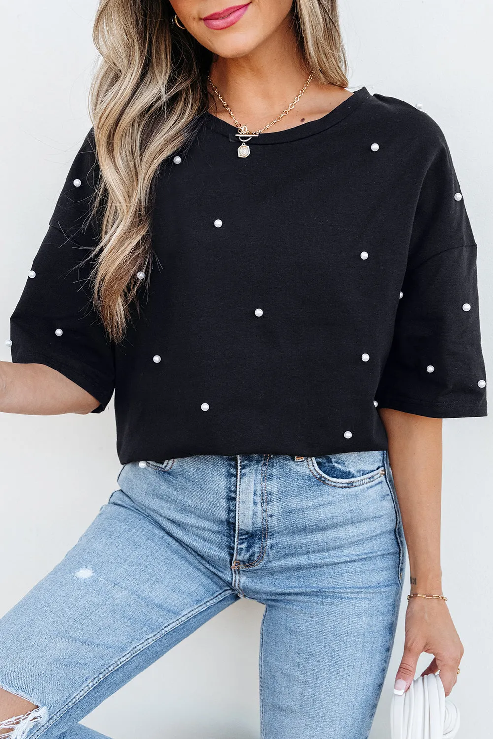 Black Pearl Beaded  Drop Shoulder Crewneck T Shirt