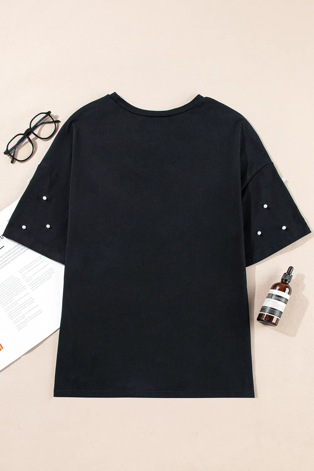 Black Pearl Beaded  Drop Shoulder Crewneck T Shirt