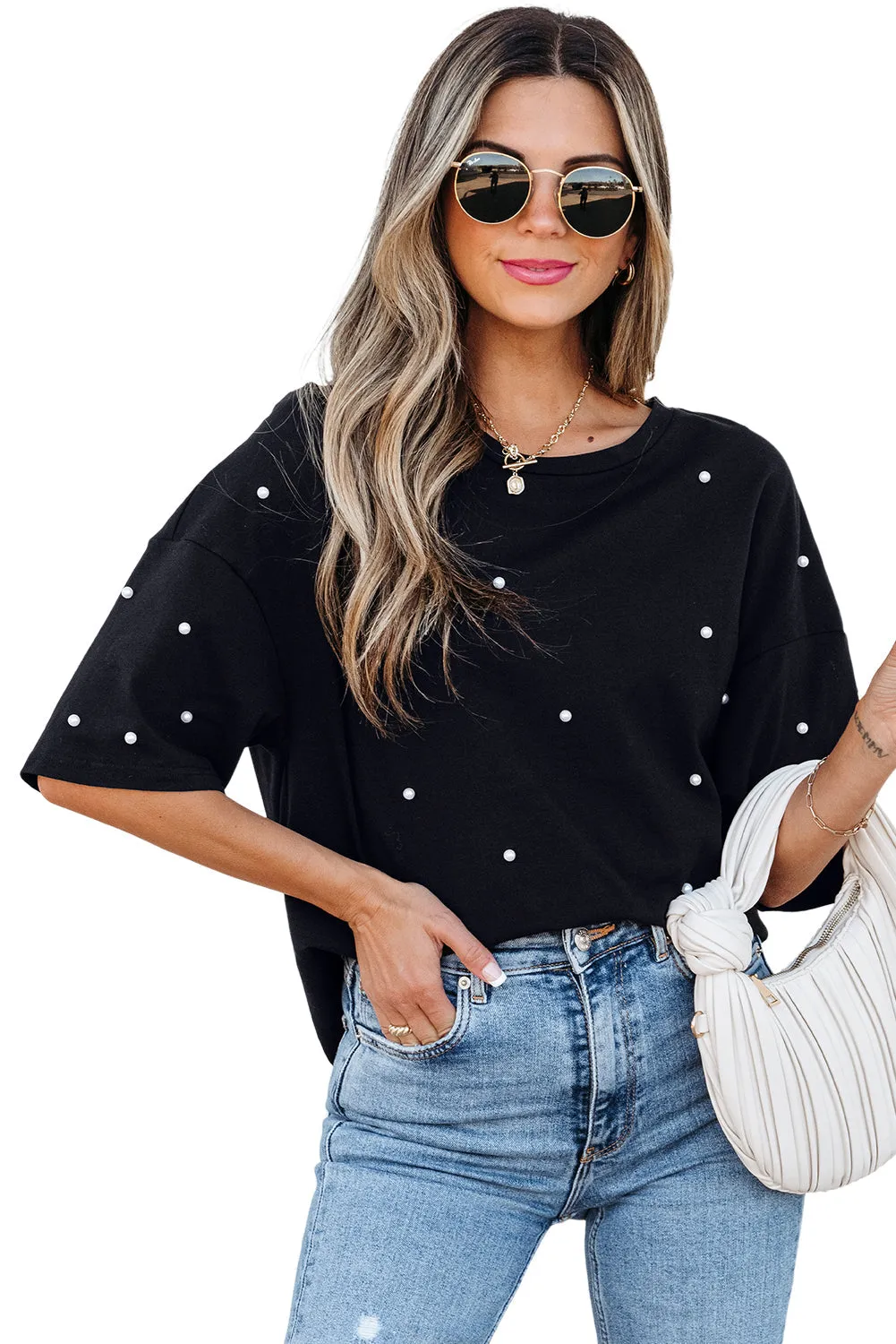 Black Pearl Beaded  Drop Shoulder Crewneck T Shirt