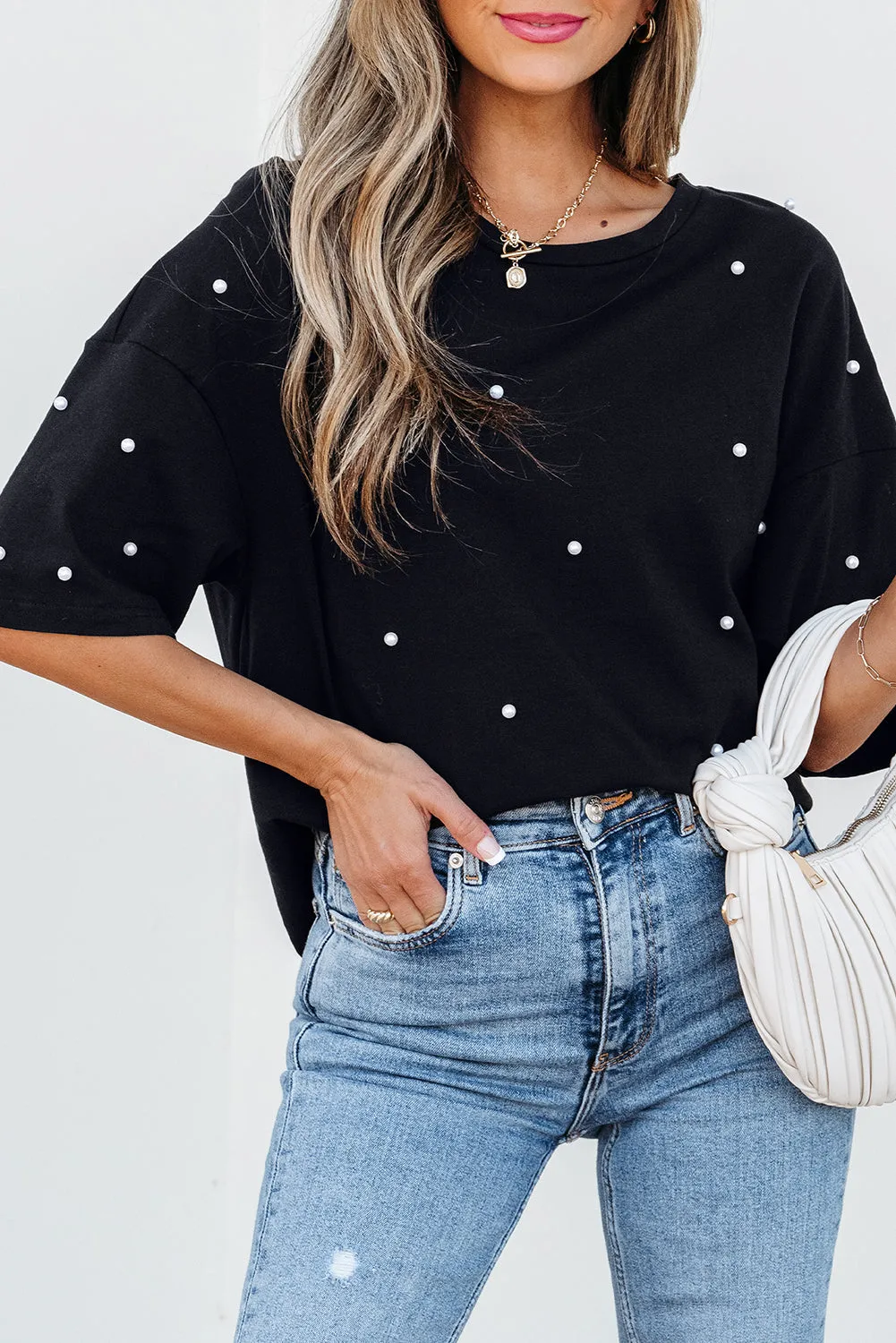 Black Pearl Beaded  Drop Shoulder Crewneck T Shirt