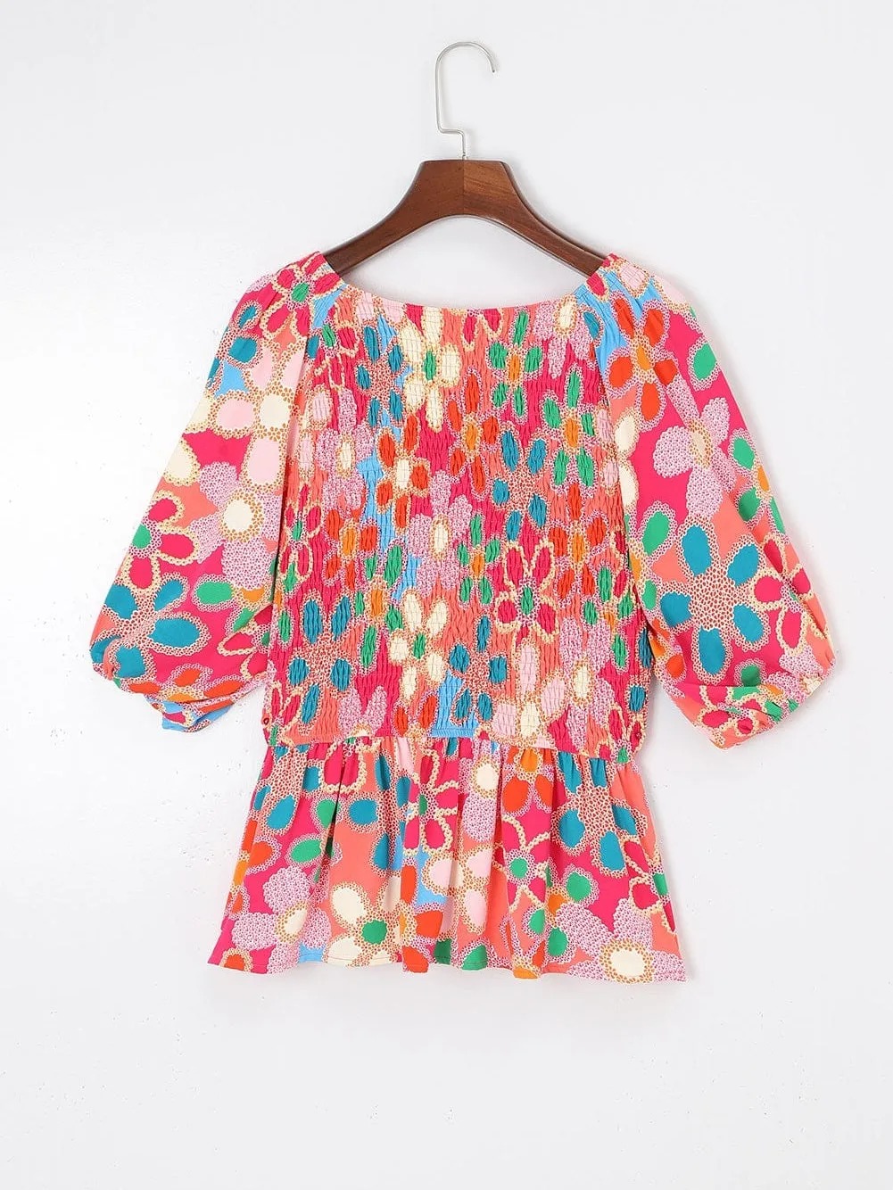 Bohemian Pink Floral Print Puff Sleeve Peplum Blouse