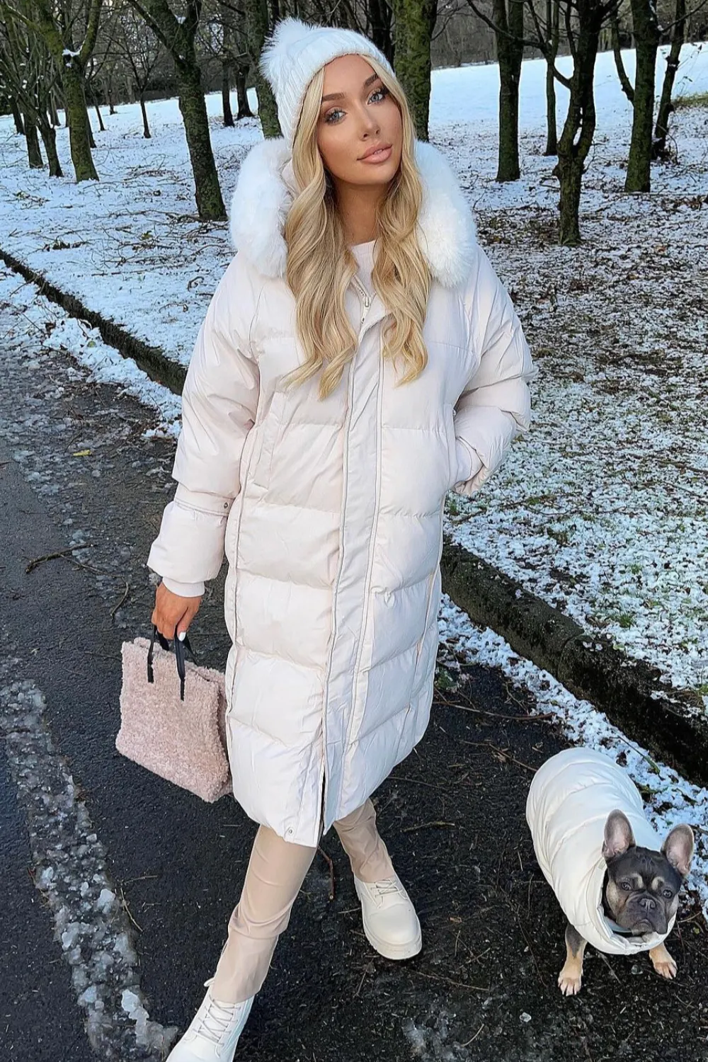 Brogan Beige Hooded faux fur duvet coat