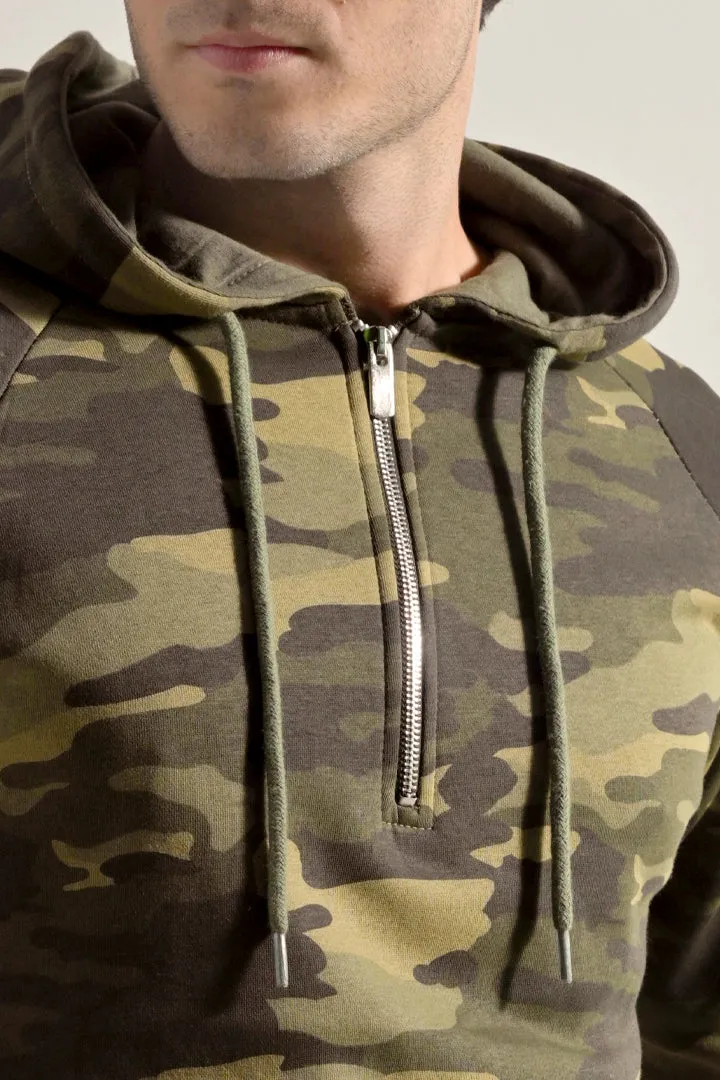 Camouflage Half Zipper Hoodie - Green