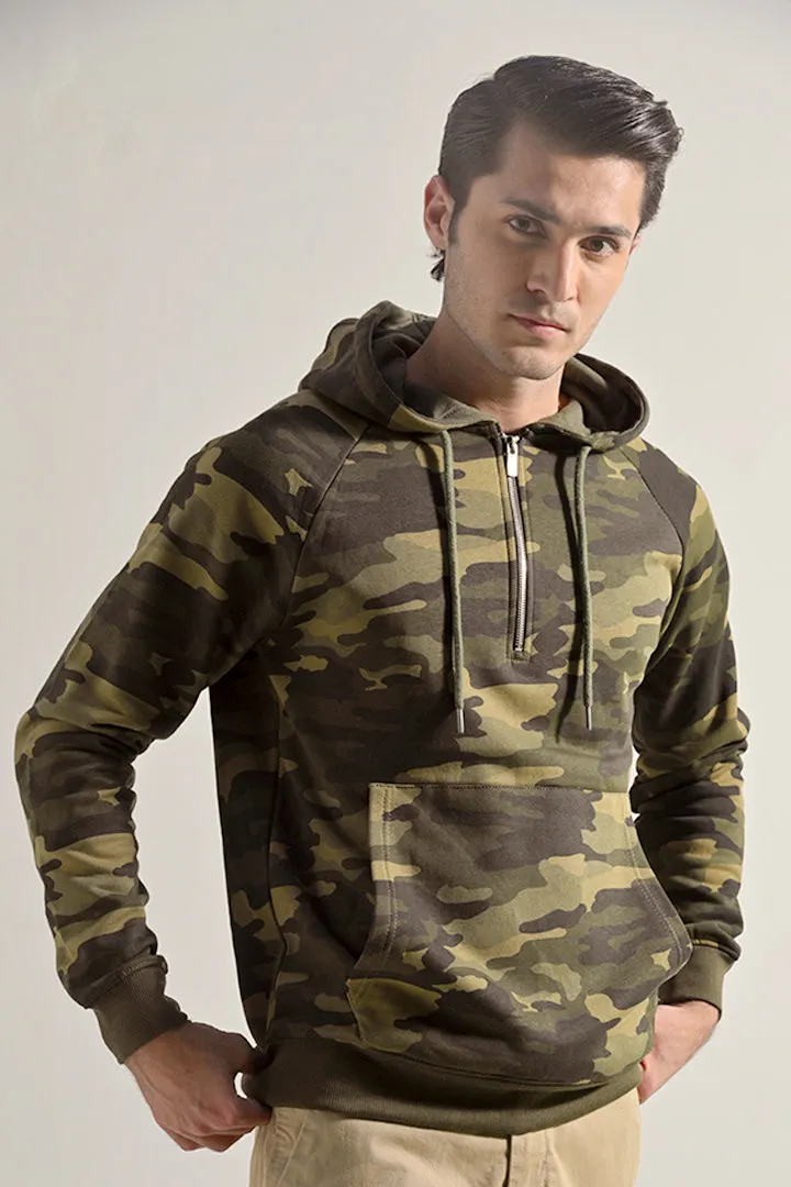 Camouflage Half Zipper Hoodie - Green