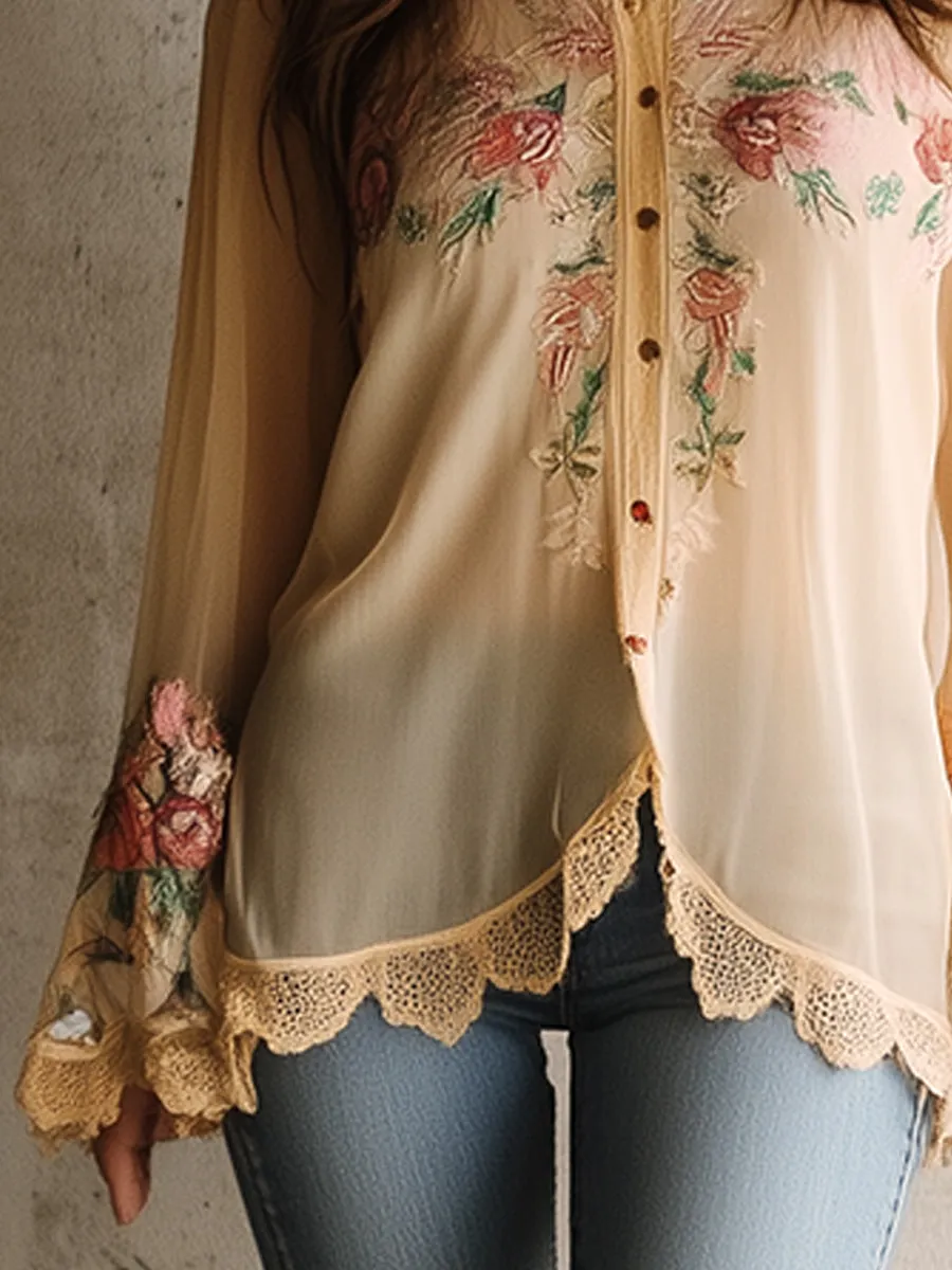 Casual Cotton and Linen Floral Embroidery Lace Hem Shirt