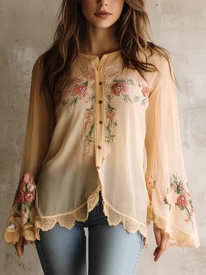 Casual Cotton and Linen Floral Embroidery Lace Hem Shirt