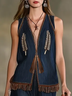 Casual Loose Retro Bohemian Embroidered Tassel Denim Vest