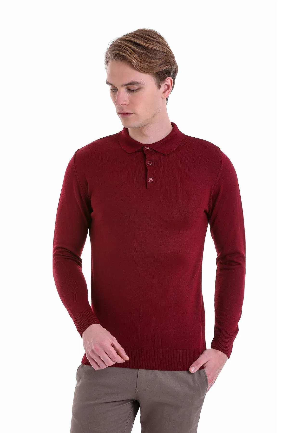 Comfort Fit Wool Blend Burgundy Polo Sweater