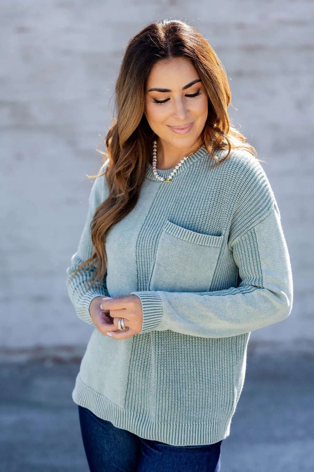 Contrasting Knits Pocket Accented Sweater