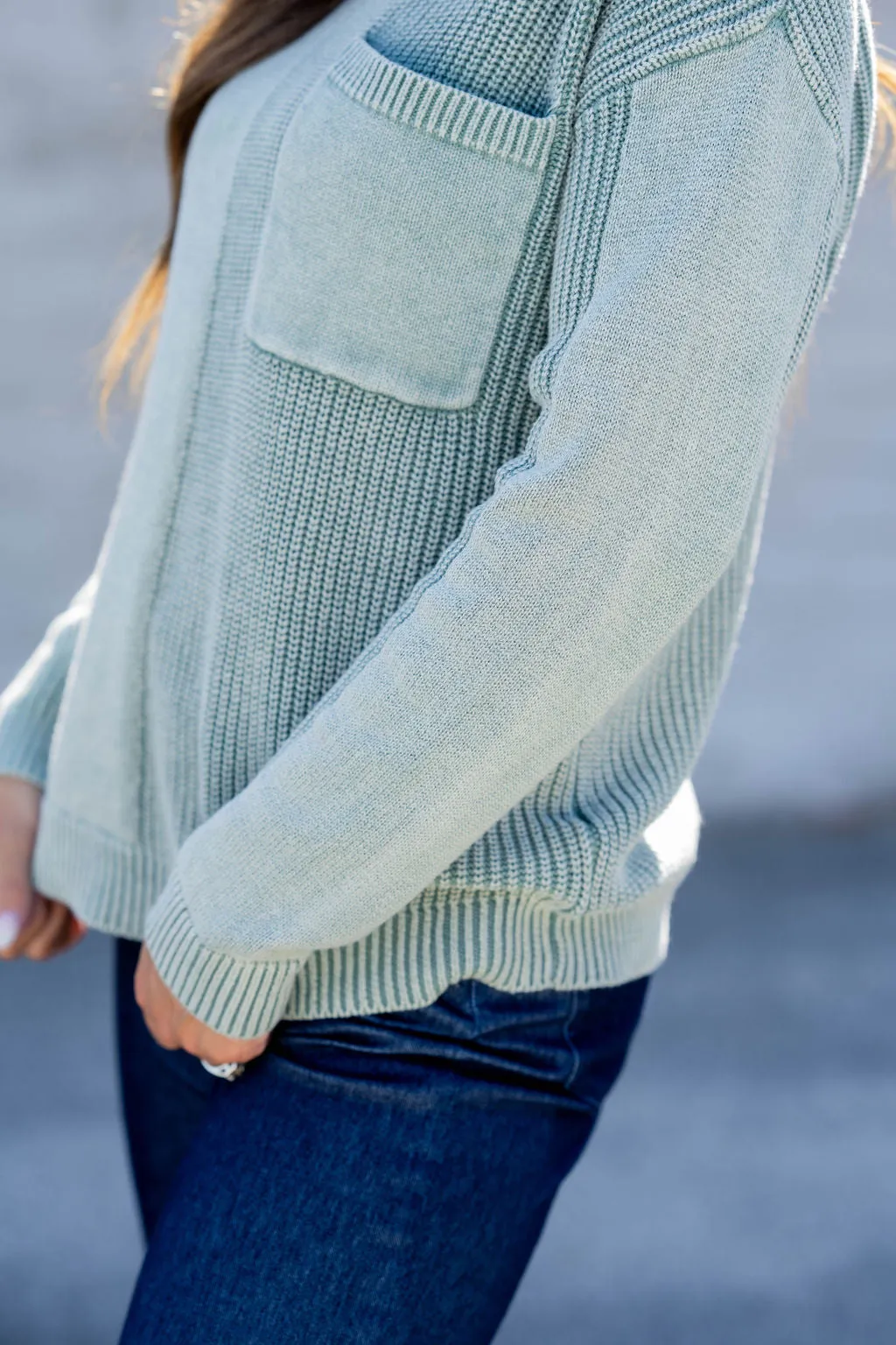 Contrasting Knits Pocket Accented Sweater