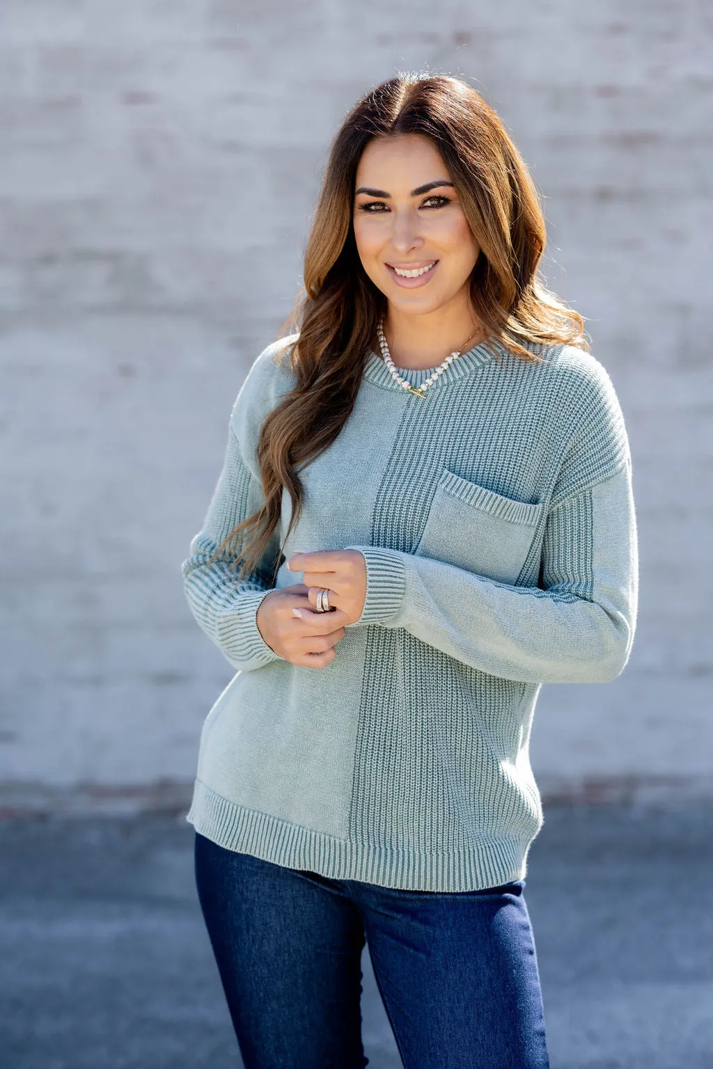 Contrasting Knits Pocket Accented Sweater