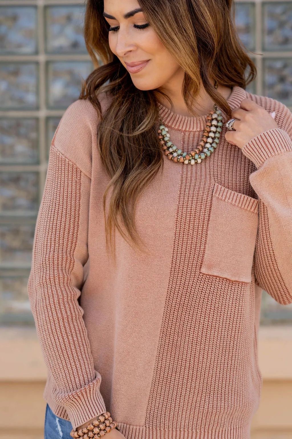 Contrasting Knits Pocket Accented Sweater