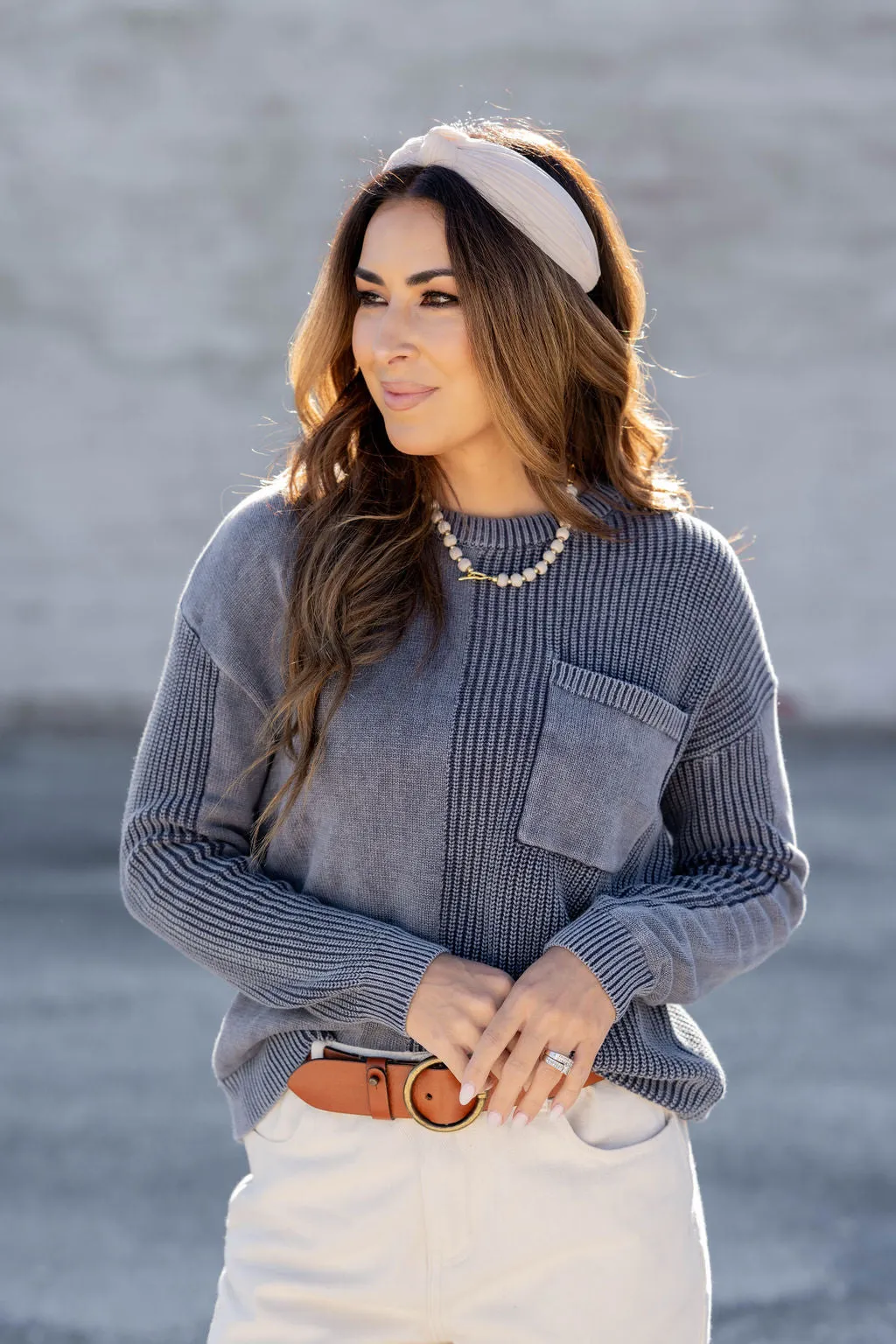 Contrasting Knits Pocket Accented Sweater