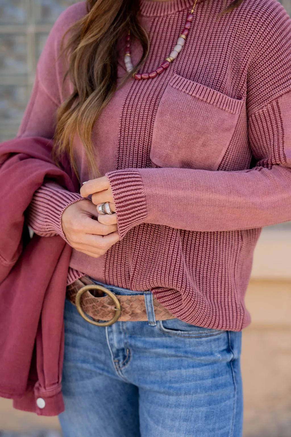 Contrasting Knits Pocket Accented Sweater