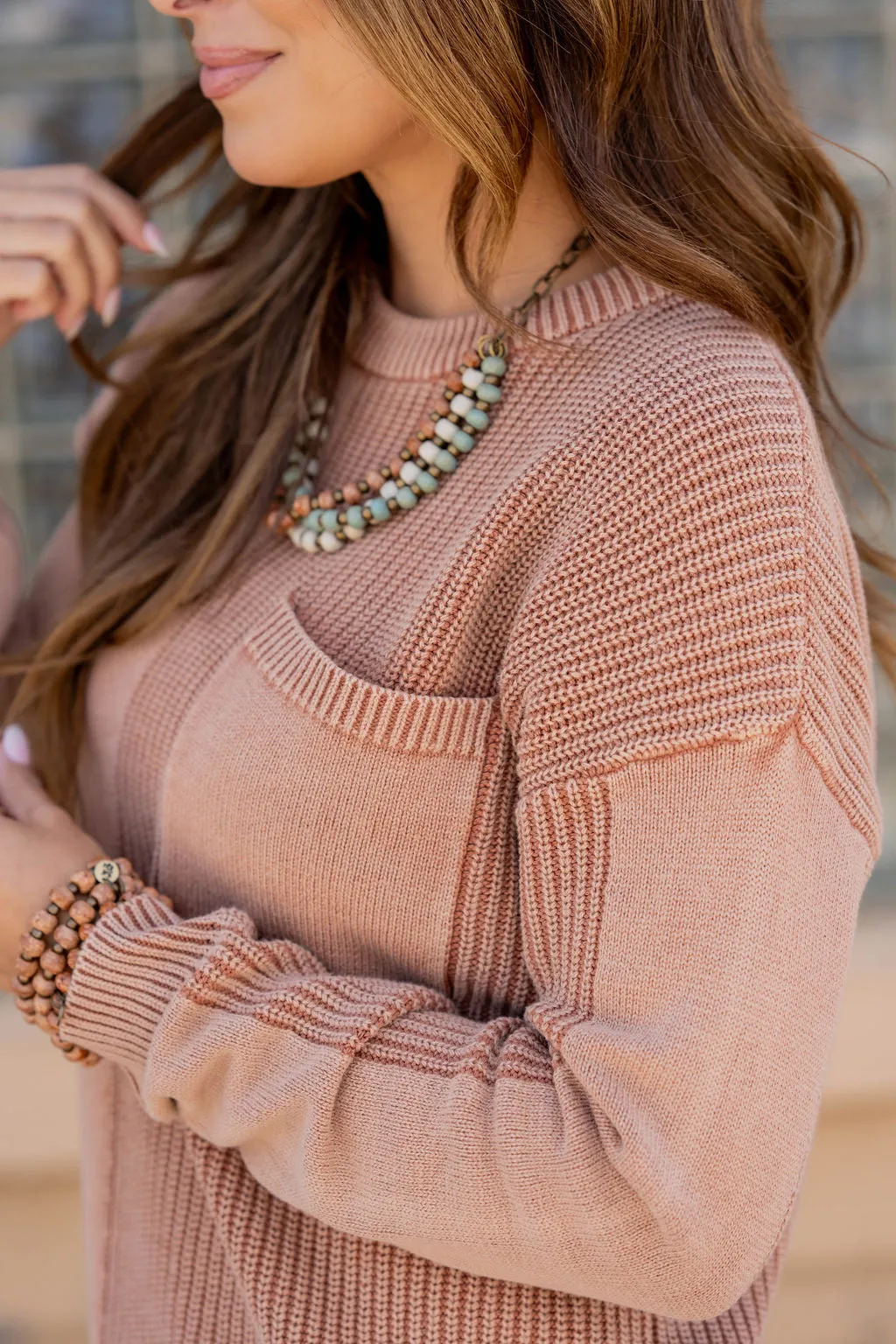 Contrasting Knits Pocket Accented Sweater