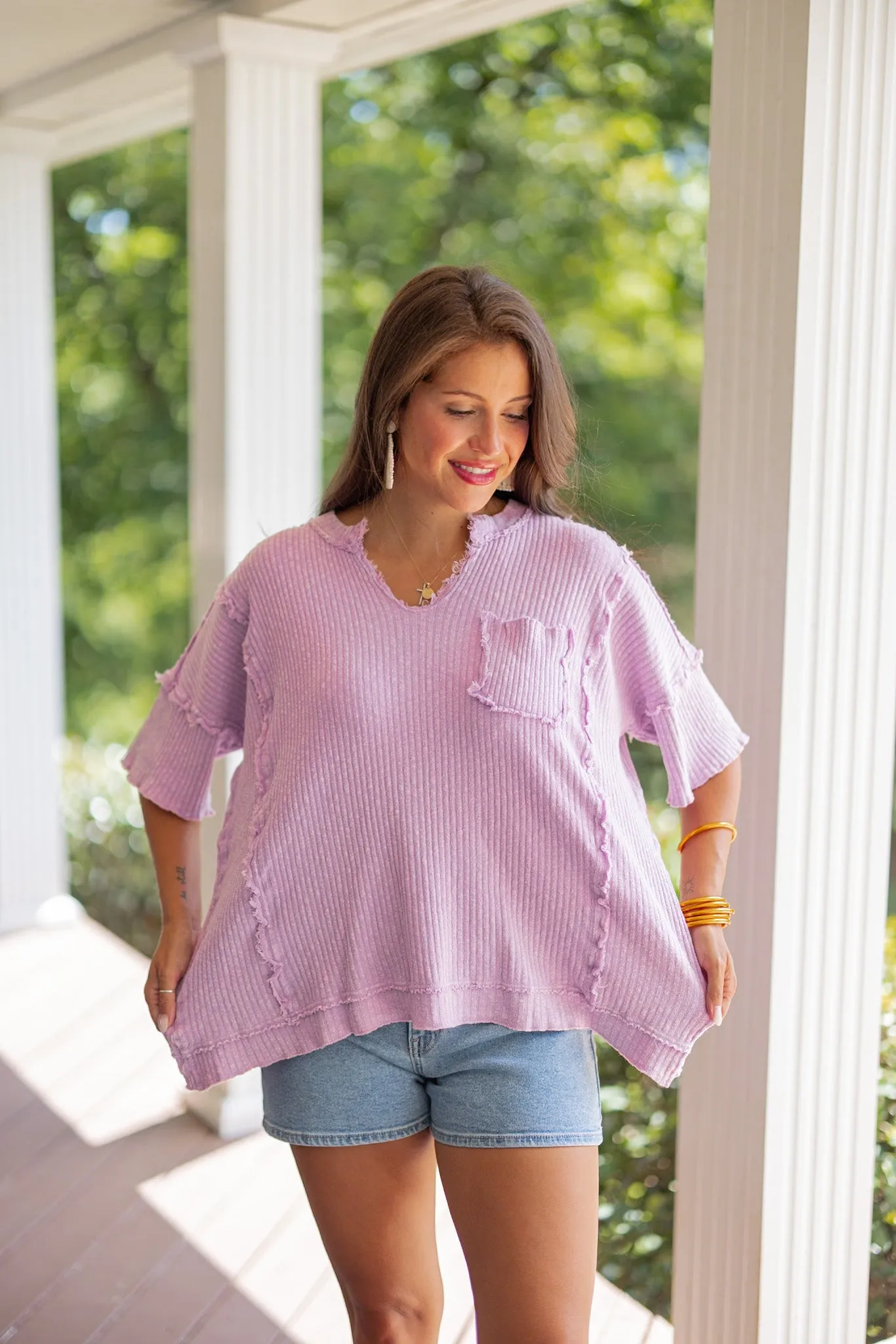 Cozy Perfection Washed Lilac Top