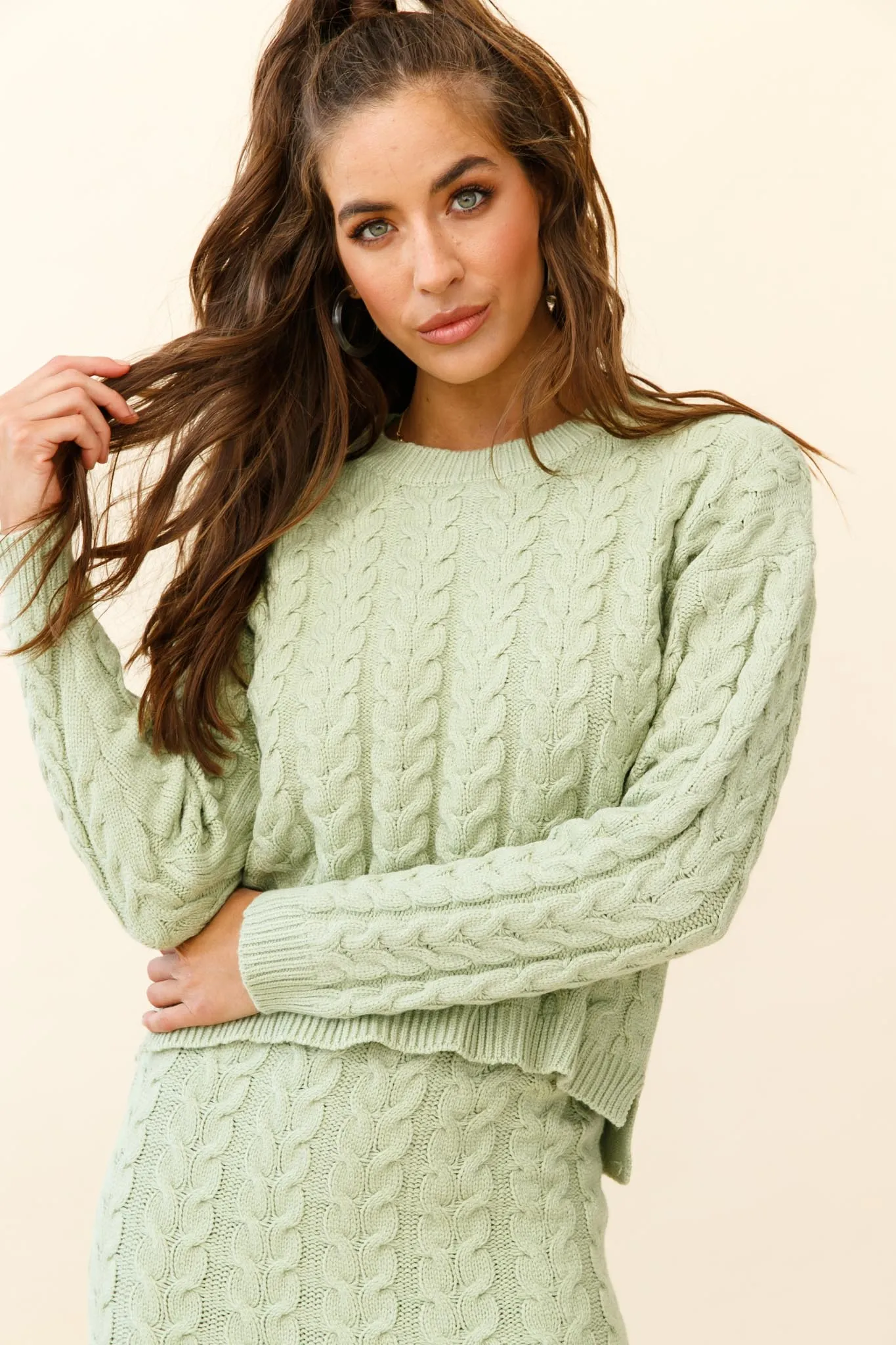 Cozy Up Cable Knit Midi Skirt Green