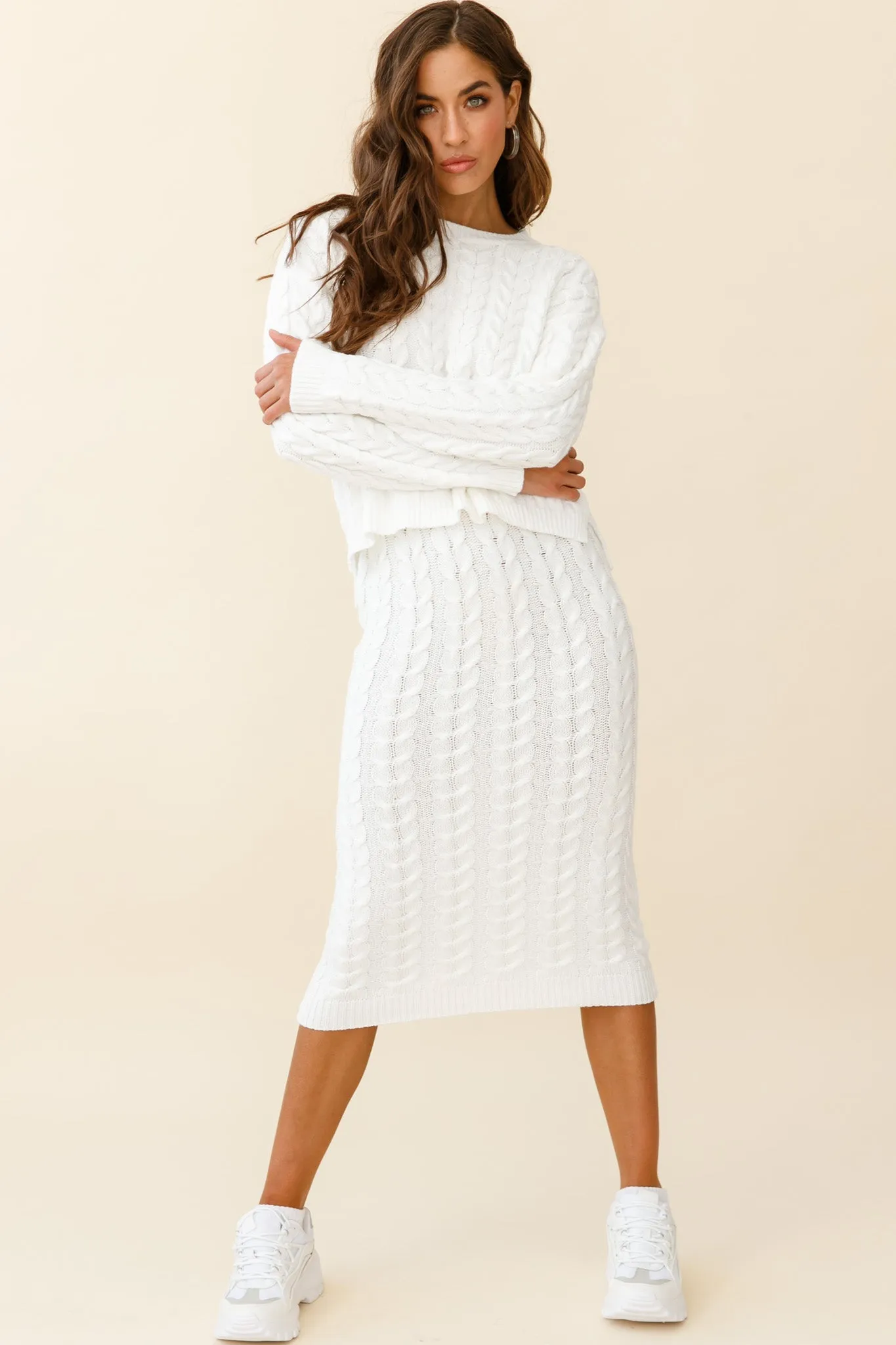 Cozy Up Cable Knit Midi Skirt White