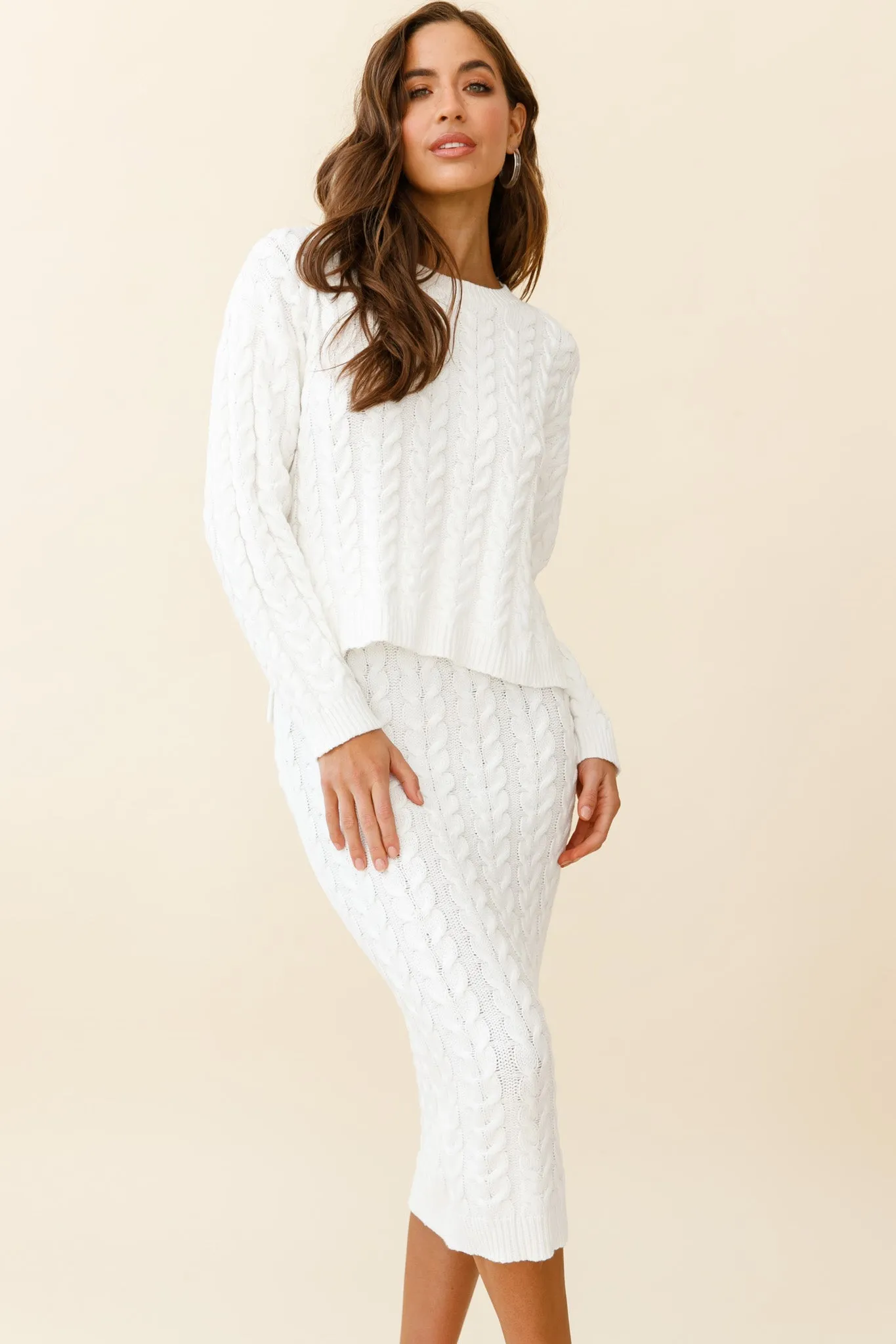 Cozy Up Cable Knit Midi Skirt White