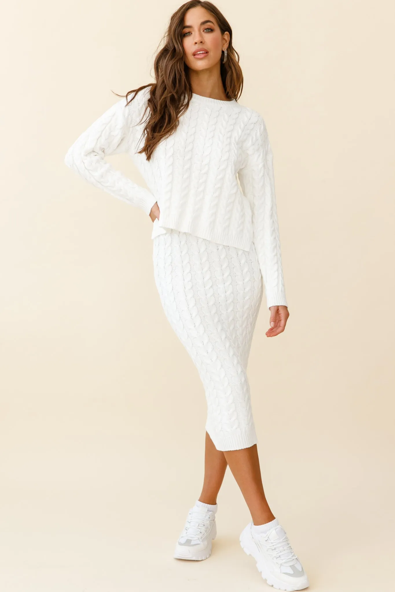 Cozy Up Cable Knit Midi Skirt White