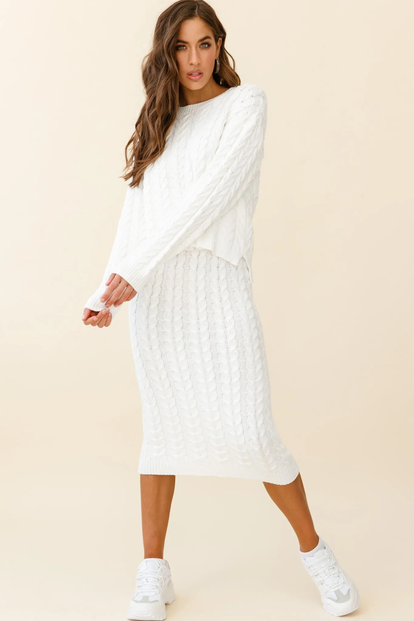 Cozy Up Cable Knit Midi Skirt White