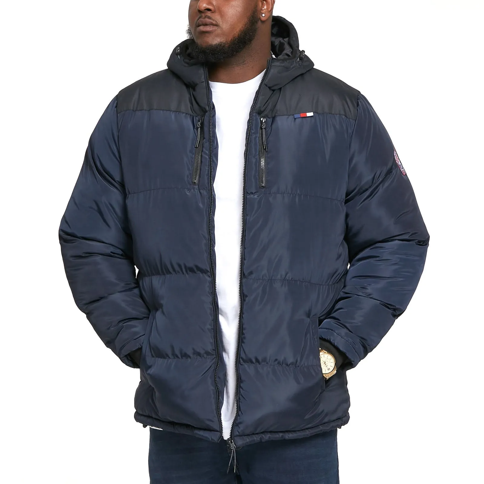 D555 Mens Alban Big & Tall Padded Quilted Printed Puffer Jacket - Dark Navy