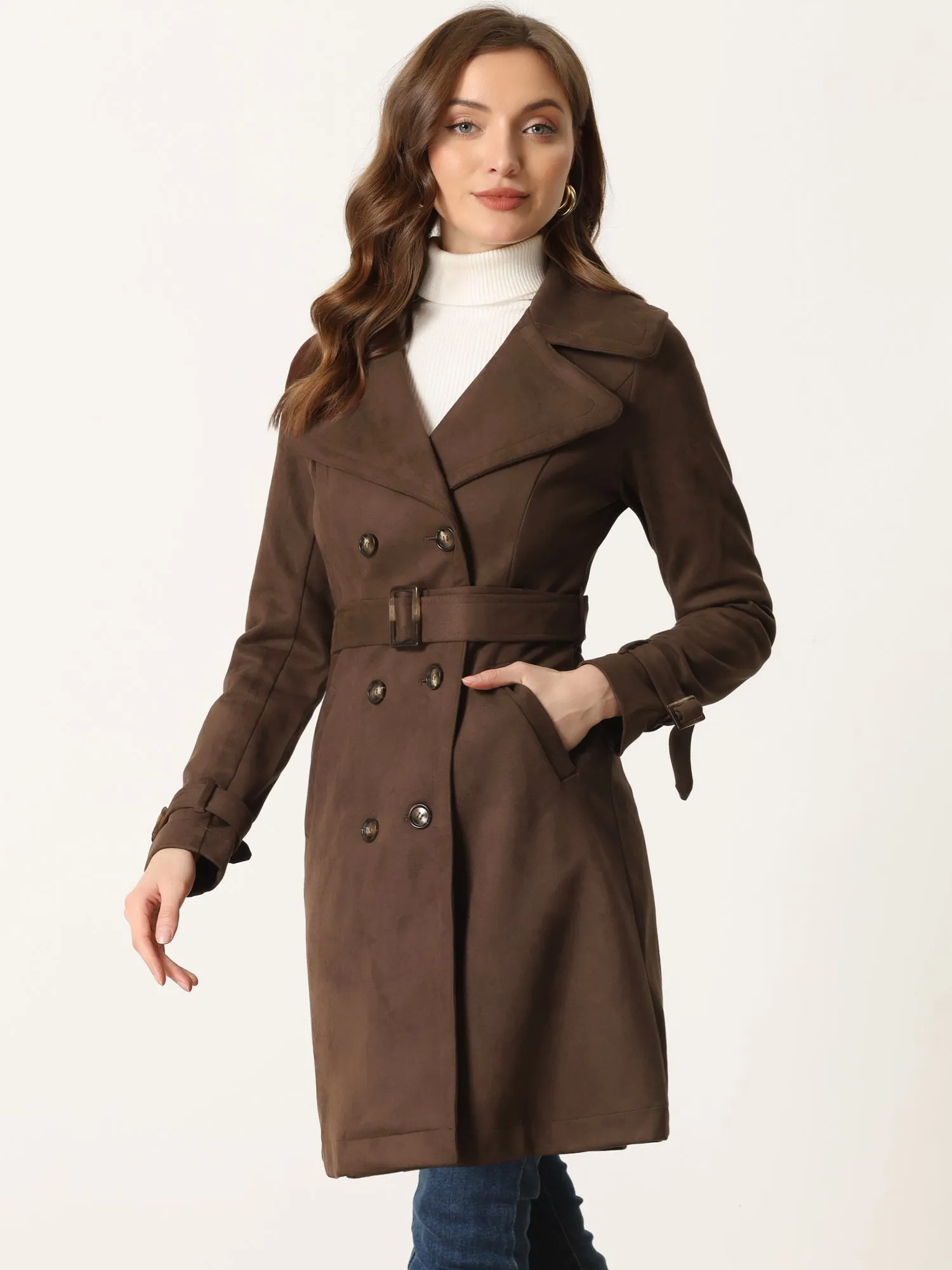 Faux Suede Notched Cuff Solid Double Breasted Tie Belt Trench Coat