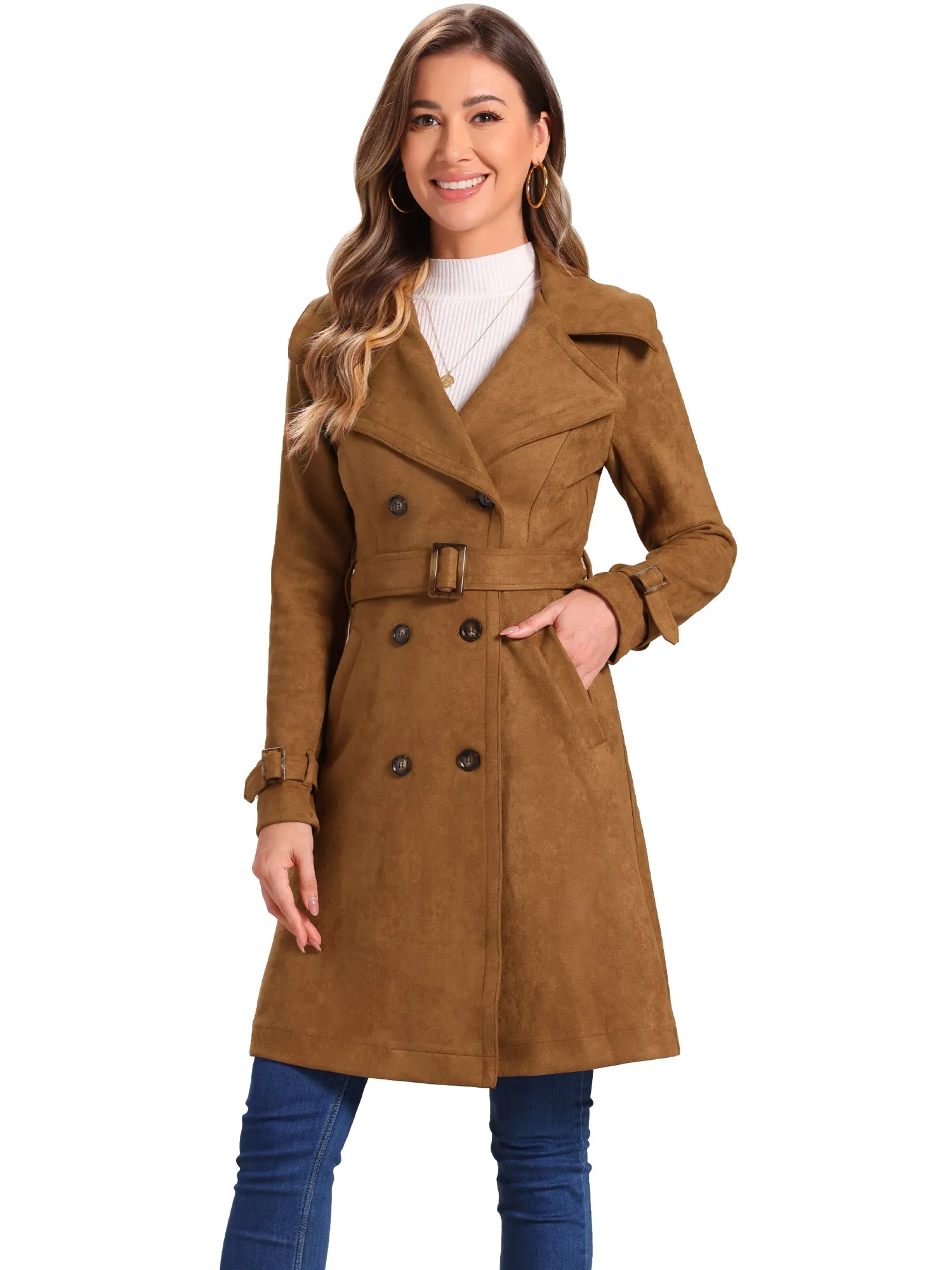 Faux Suede Notched Cuff Solid Double Breasted Tie Belt Trench Coat