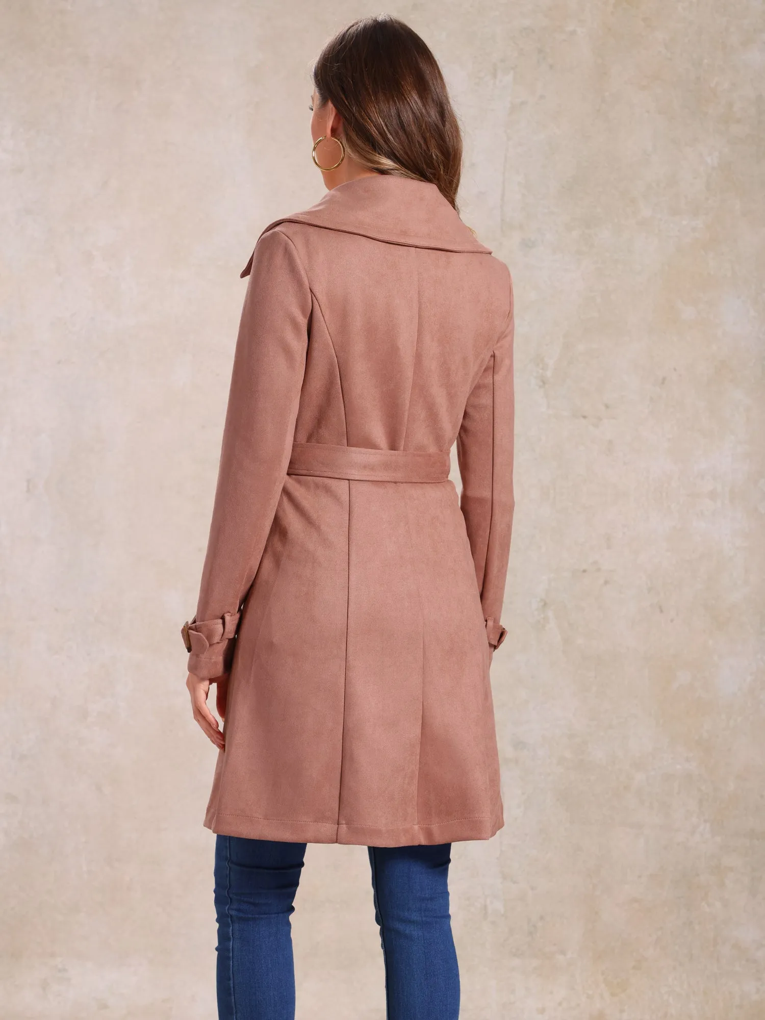 Faux Suede Notched Cuff Solid Double Breasted Tie Belt Trench Coat