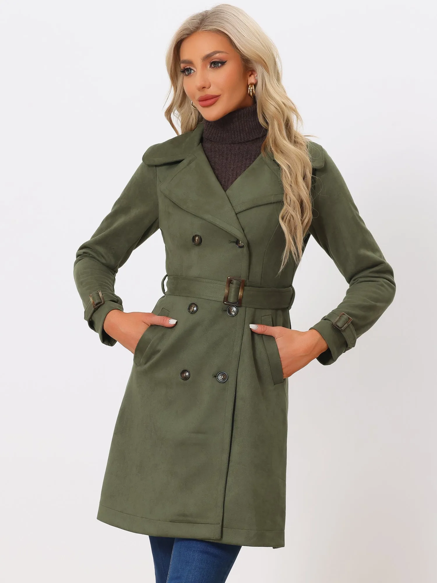 Faux Suede Notched Cuff Solid Double Breasted Tie Belt Trench Coat