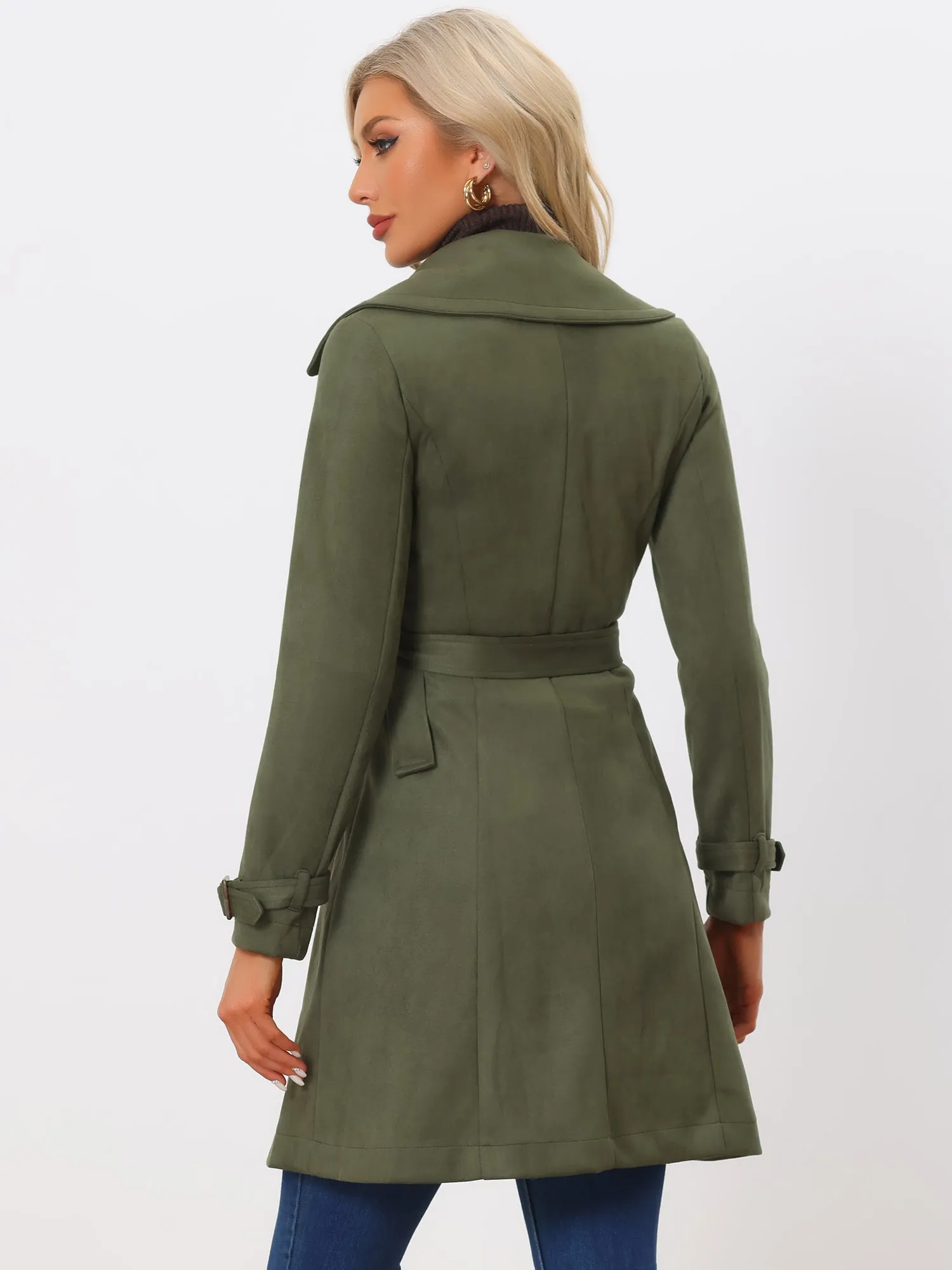 Faux Suede Notched Cuff Solid Double Breasted Tie Belt Trench Coat