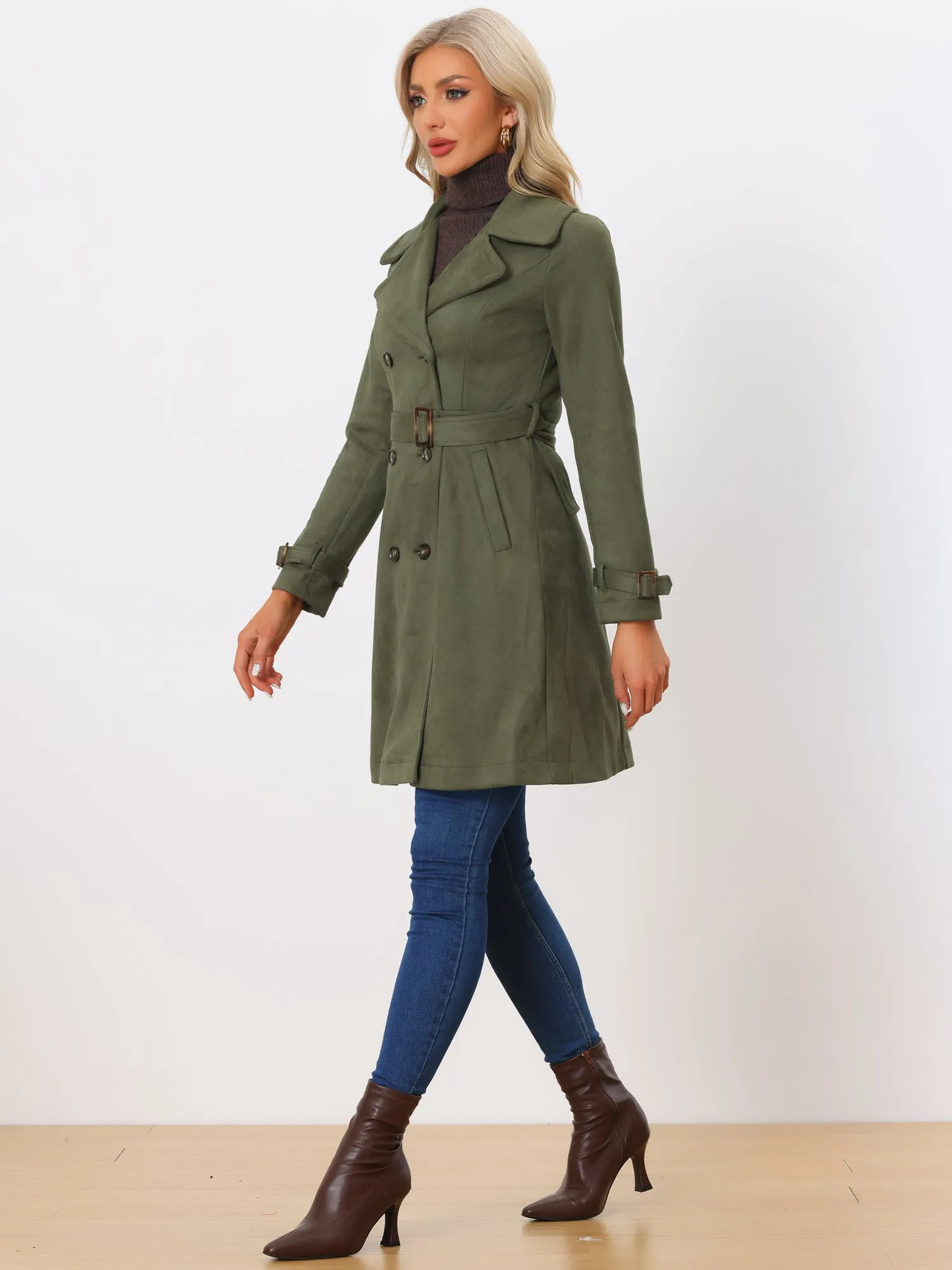 Faux Suede Notched Cuff Solid Double Breasted Tie Belt Trench Coat