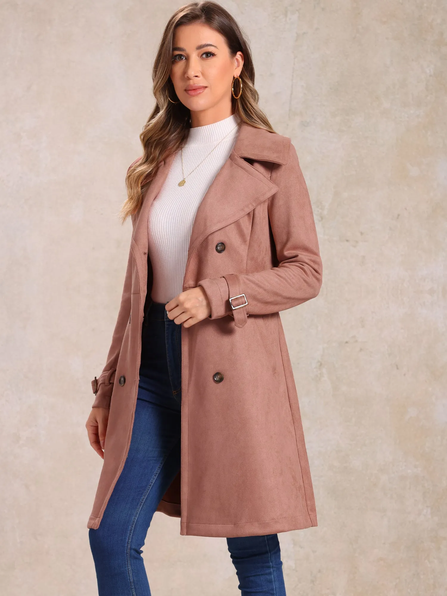 Faux Suede Notched Cuff Solid Double Breasted Tie Belt Trench Coat