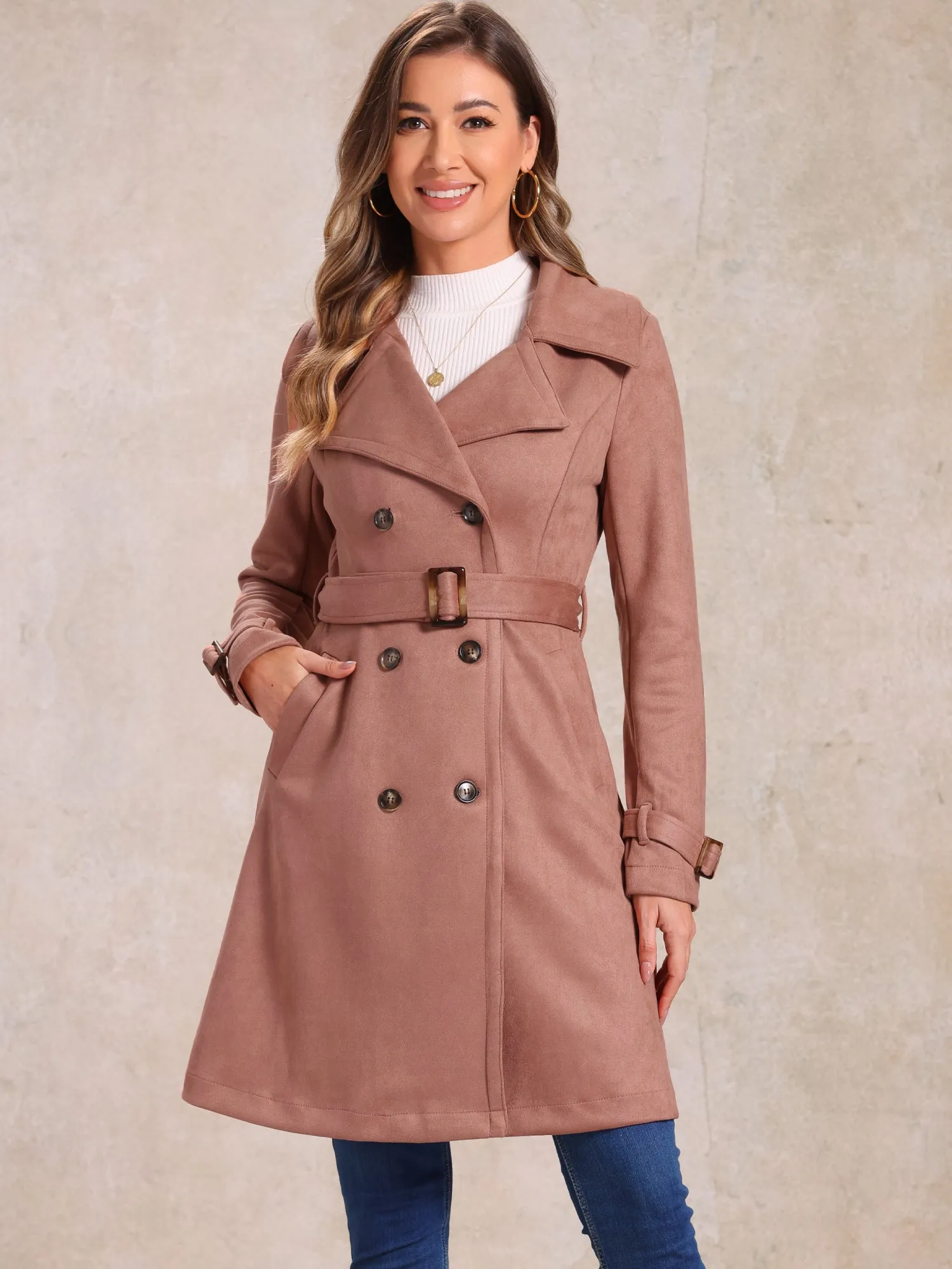 Faux Suede Notched Cuff Solid Double Breasted Tie Belt Trench Coat