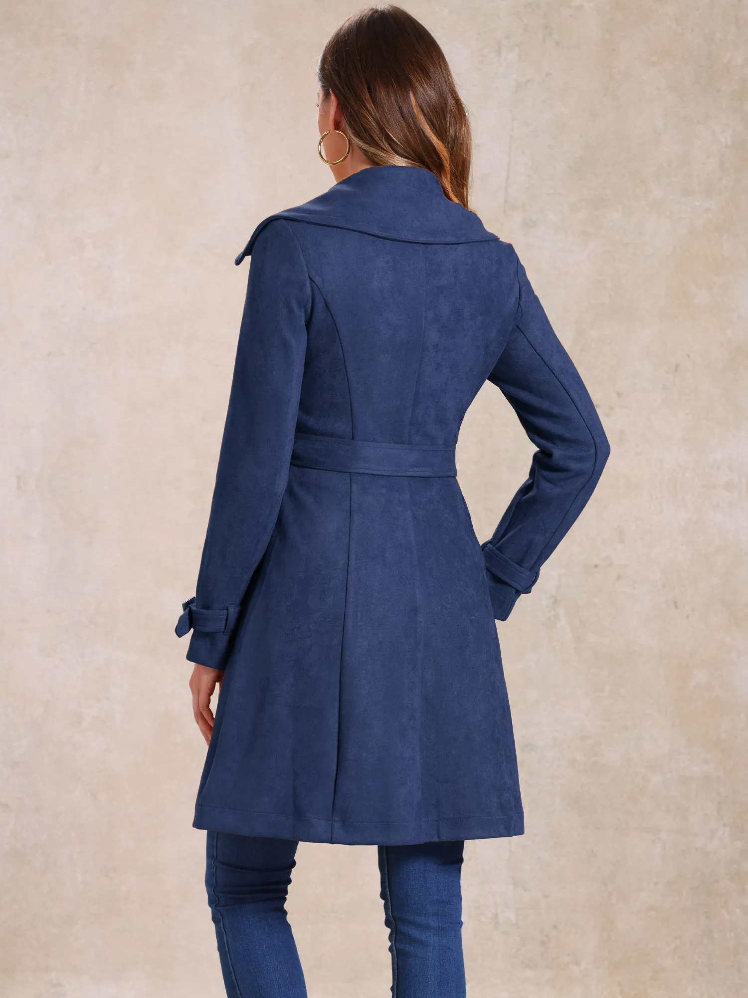 Faux Suede Notched Cuff Solid Double Breasted Tie Belt Trench Coat