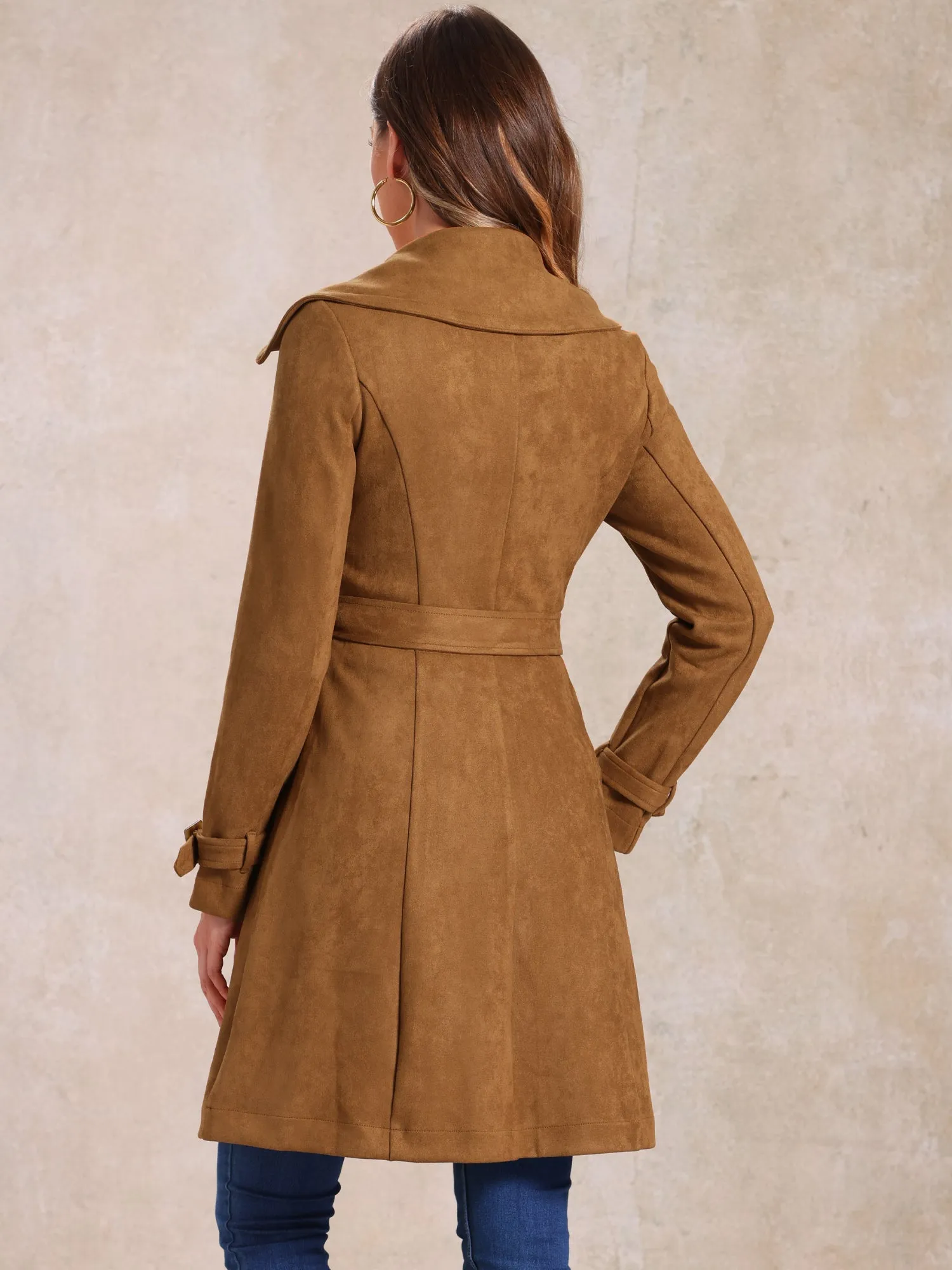 Faux Suede Notched Cuff Solid Double Breasted Tie Belt Trench Coat