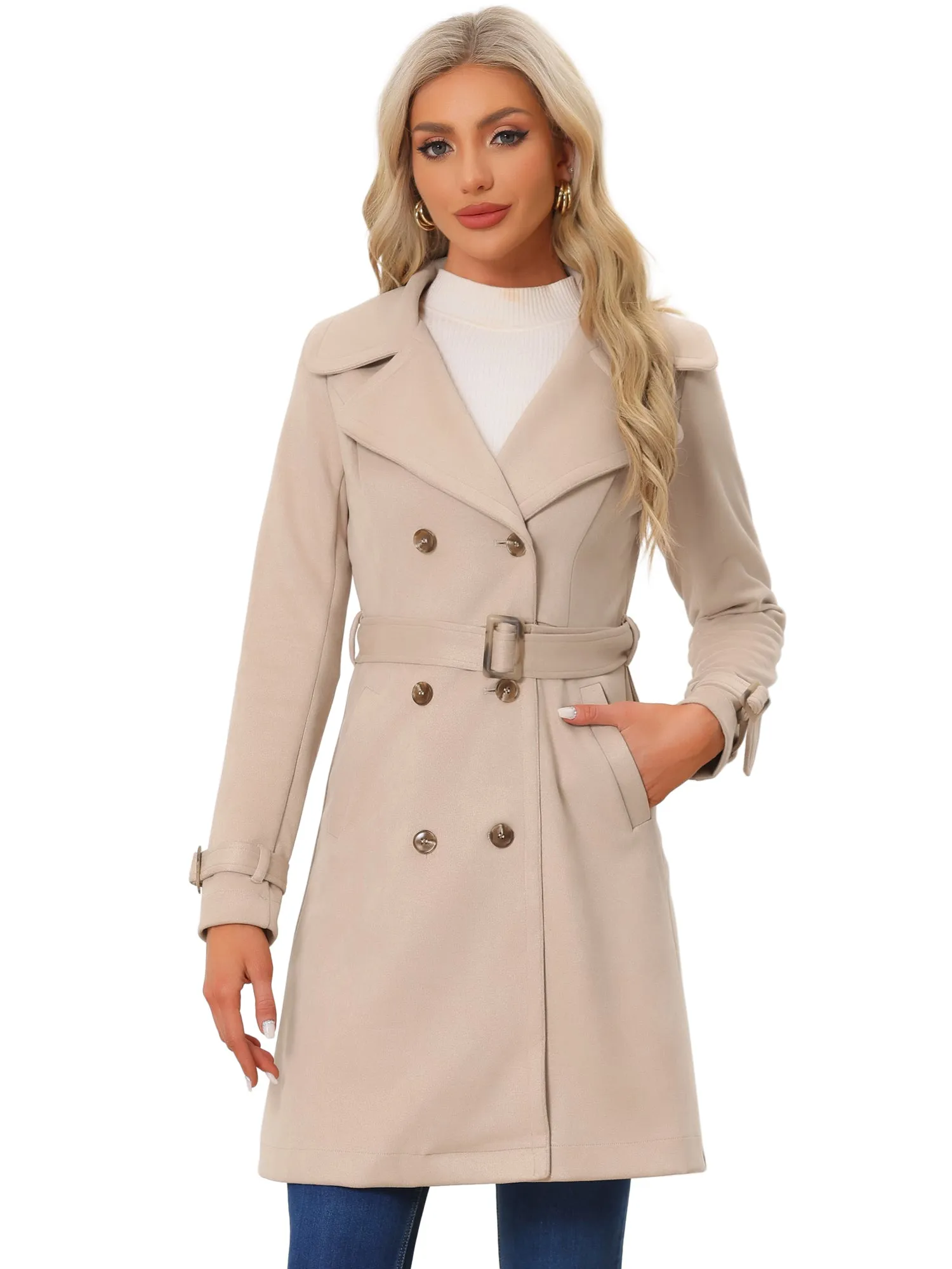 Faux Suede Notched Cuff Solid Double Breasted Tie Belt Trench Coat