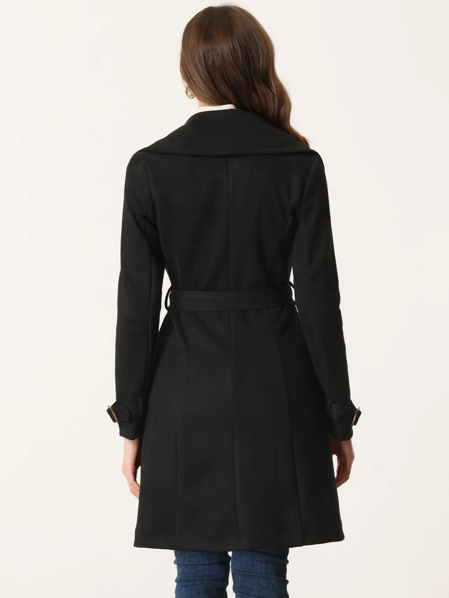 Faux Suede Notched Cuff Solid Double Breasted Tie Belt Trench Coat