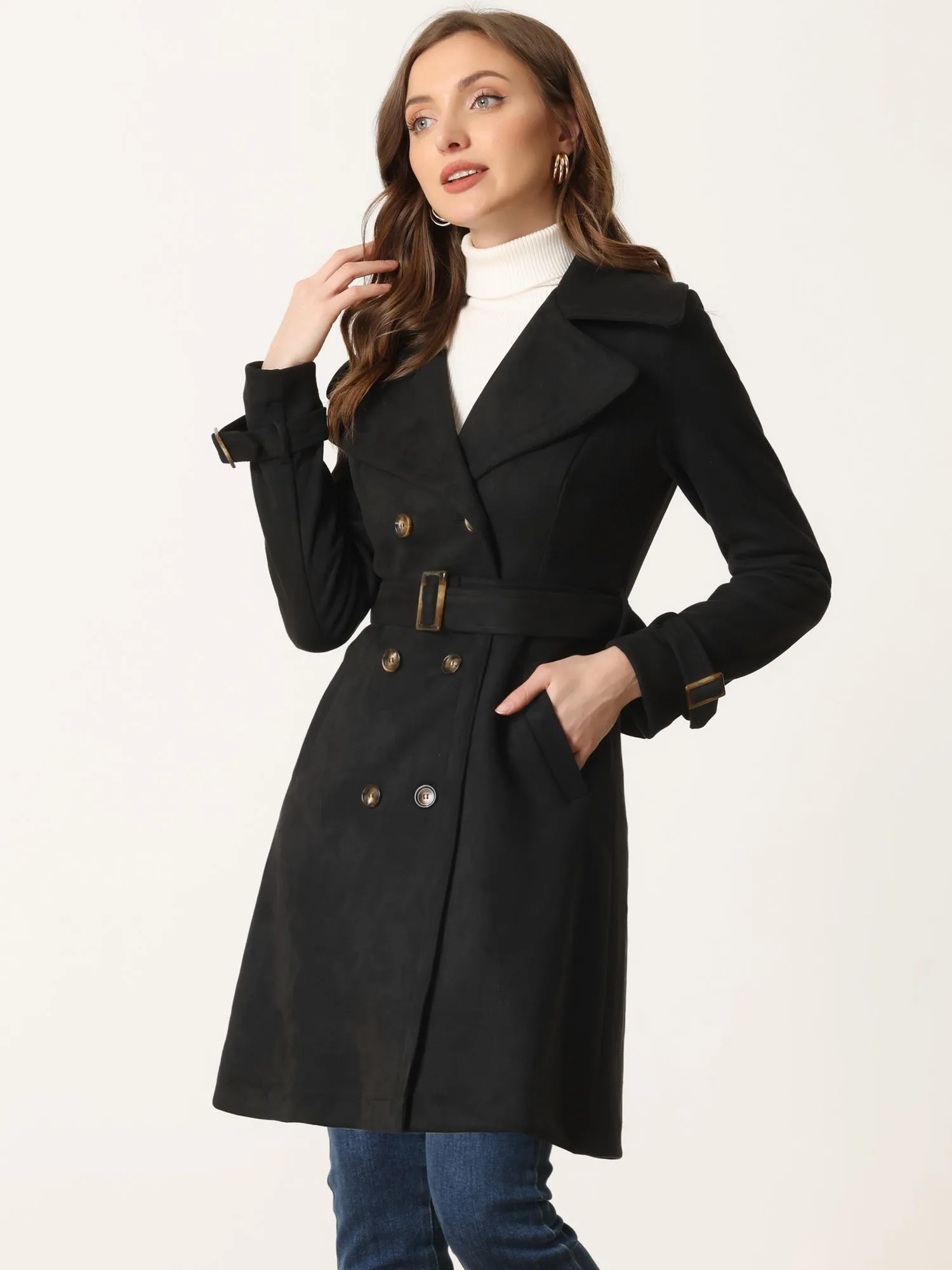 Faux Suede Notched Cuff Solid Double Breasted Tie Belt Trench Coat