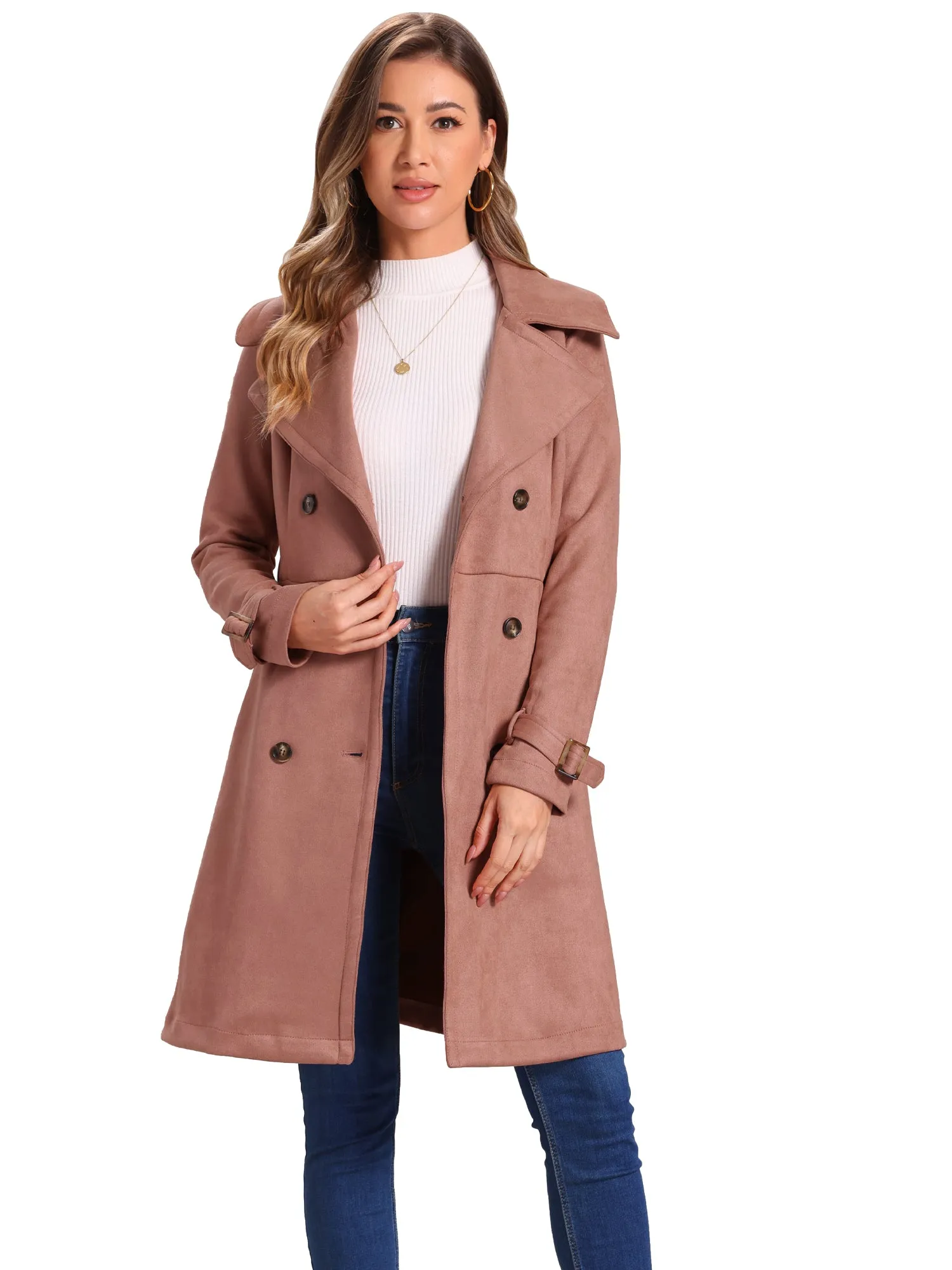 Faux Suede Notched Cuff Solid Double Breasted Tie Belt Trench Coat