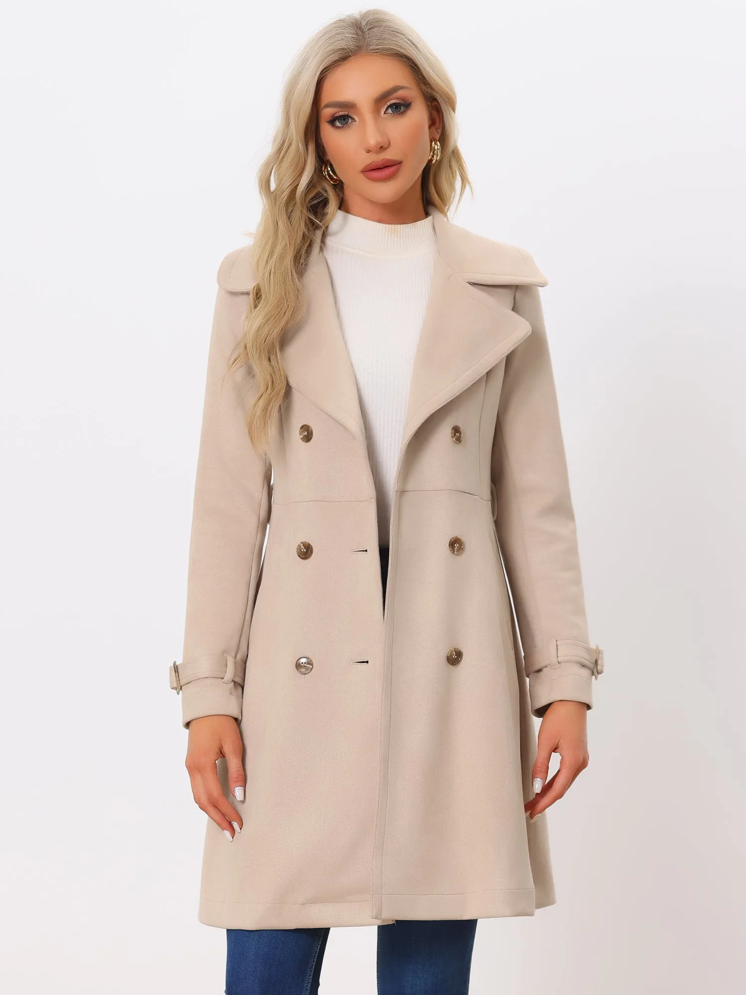 Faux Suede Notched Cuff Solid Double Breasted Tie Belt Trench Coat