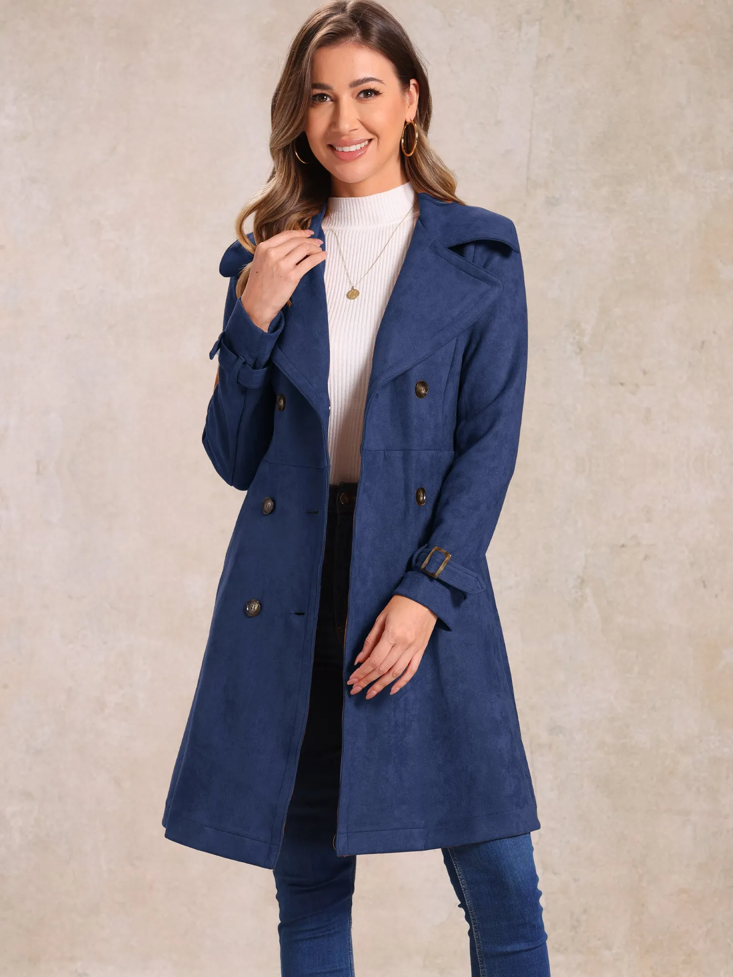 Faux Suede Notched Cuff Solid Double Breasted Tie Belt Trench Coat