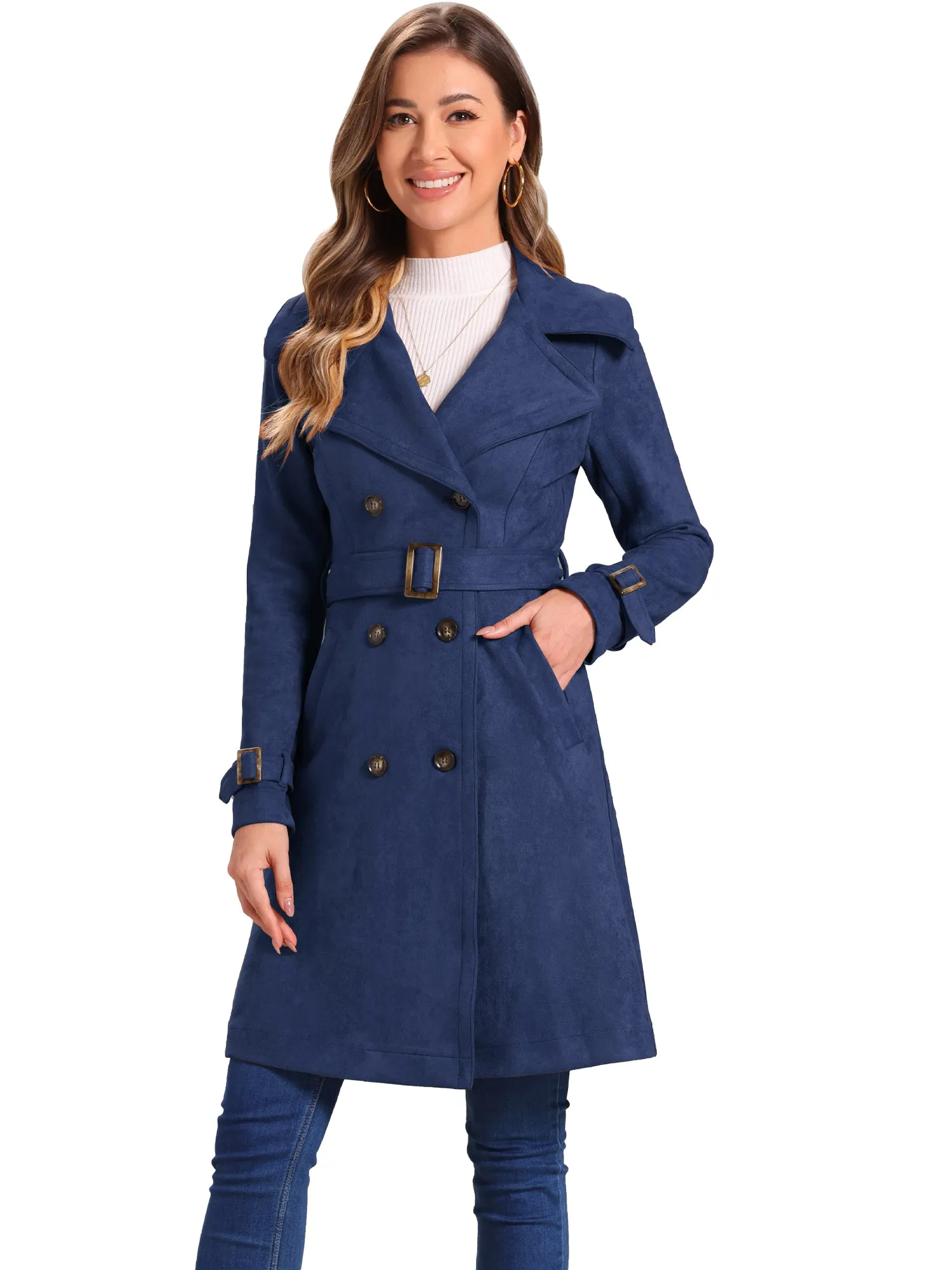 Faux Suede Notched Cuff Solid Double Breasted Tie Belt Trench Coat