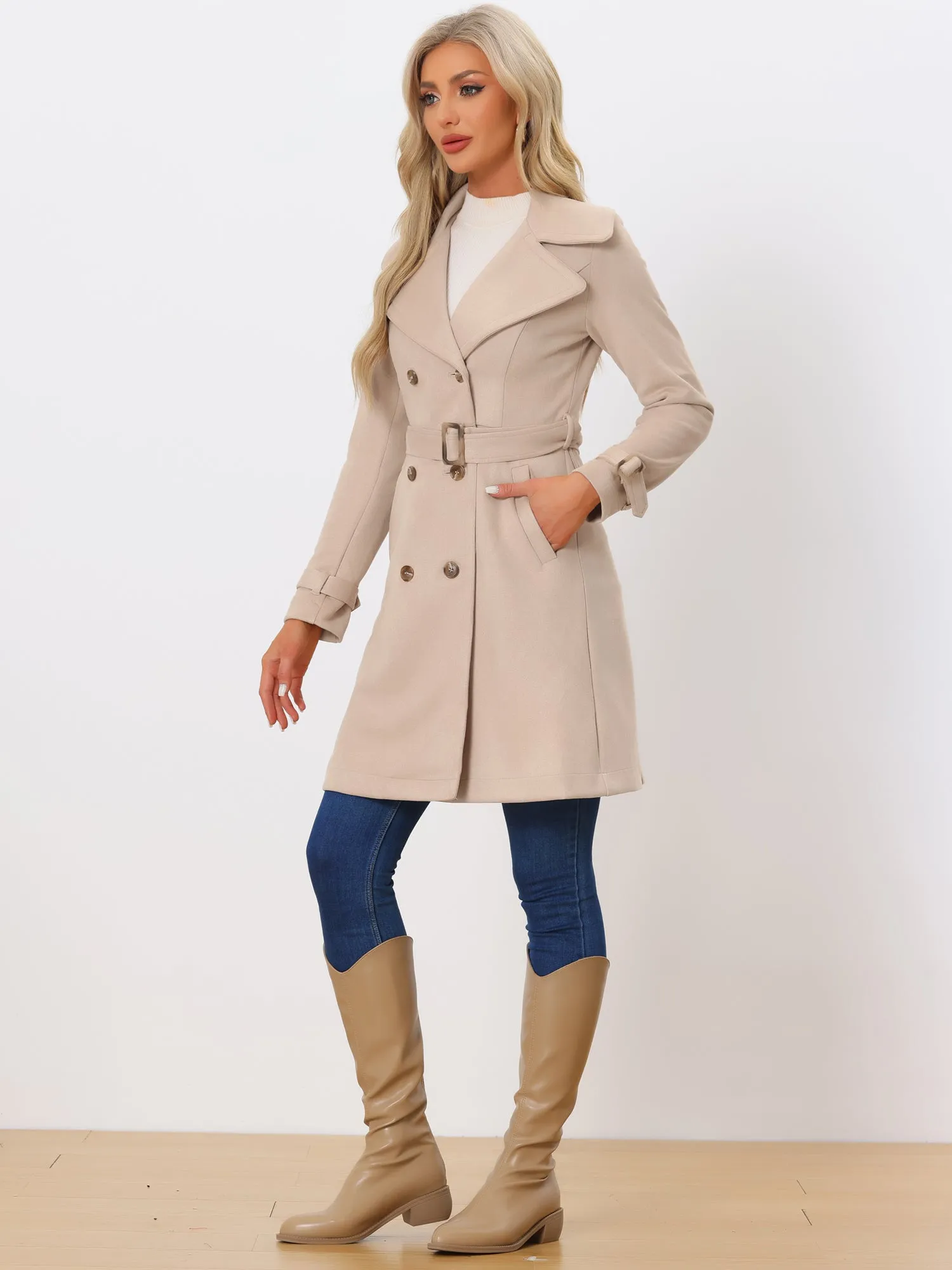 Faux Suede Notched Cuff Solid Double Breasted Tie Belt Trench Coat