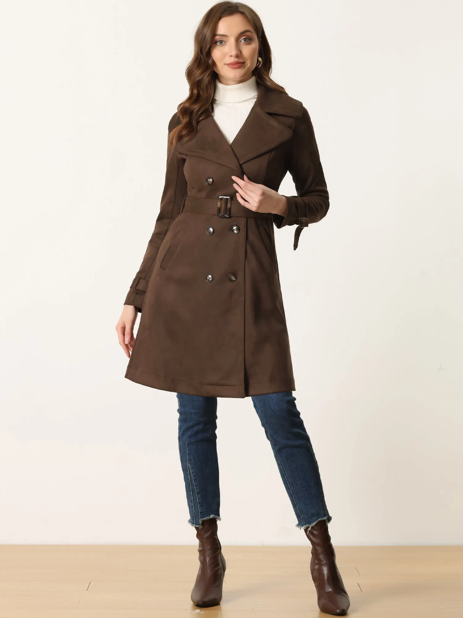 Faux Suede Notched Cuff Solid Double Breasted Tie Belt Trench Coat