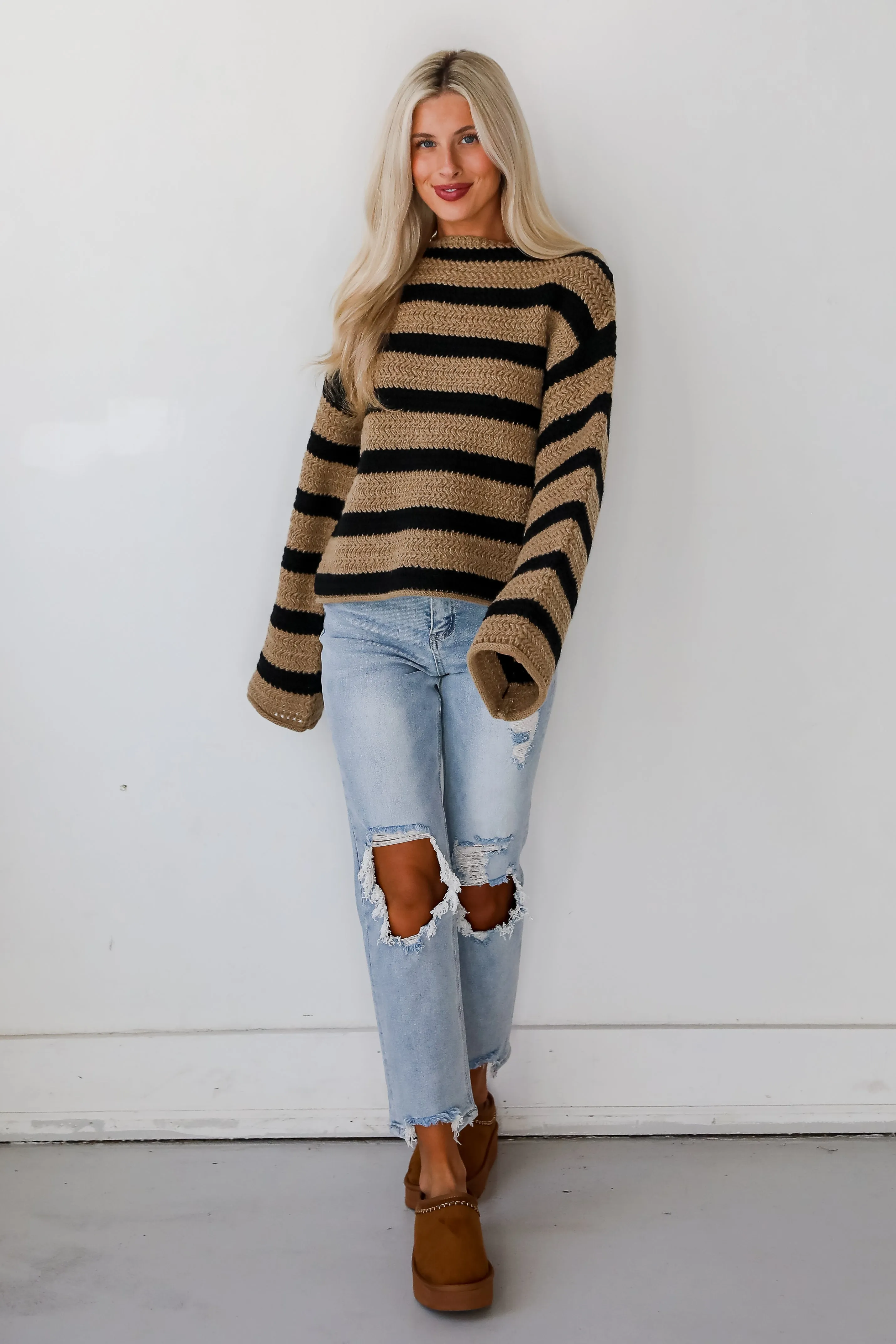 FINAL SALE - Cozy Warmth Taupe Striped Sweater