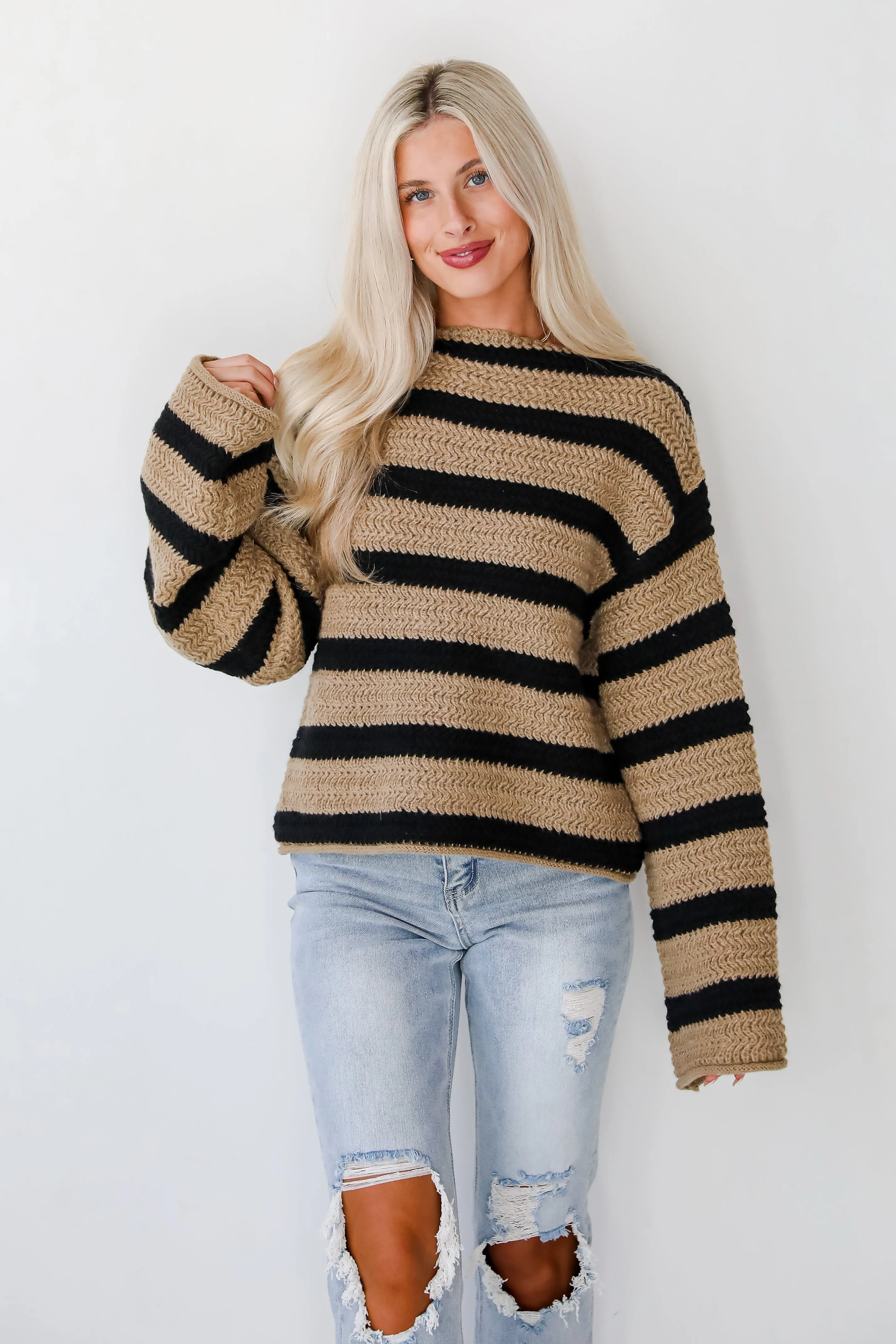 FINAL SALE - Cozy Warmth Taupe Striped Sweater