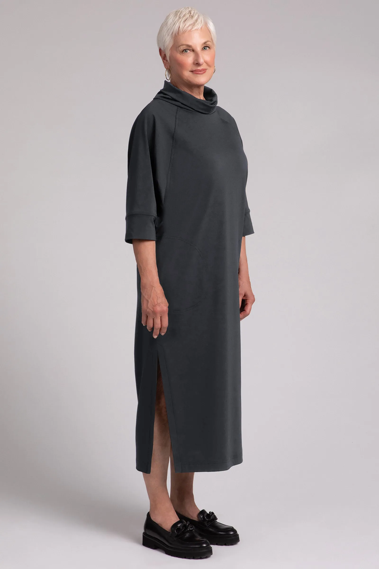 Fleece Back Jersey Cozy Raglan Funnel Neck Dress | Graphite